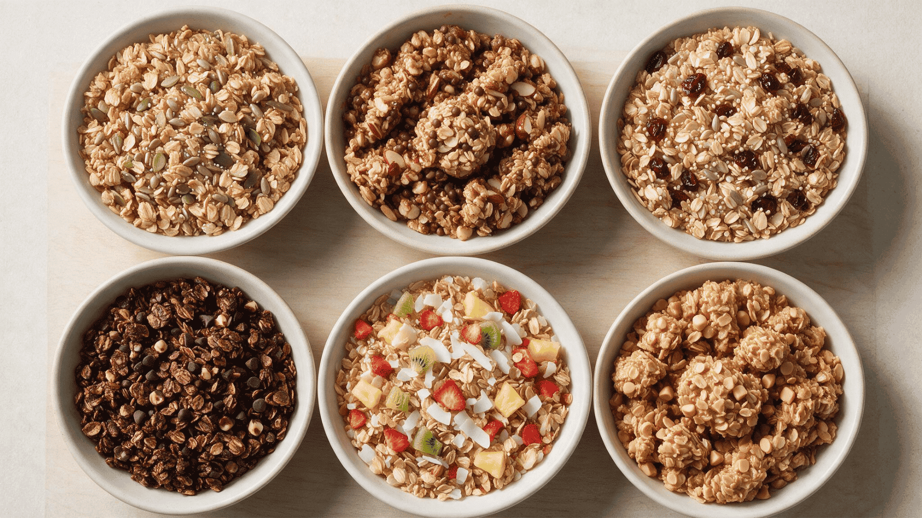 six equal panels showing realistic nut-free, high-protein, gluten-free, chocolate, fruit, and peanut butter granola