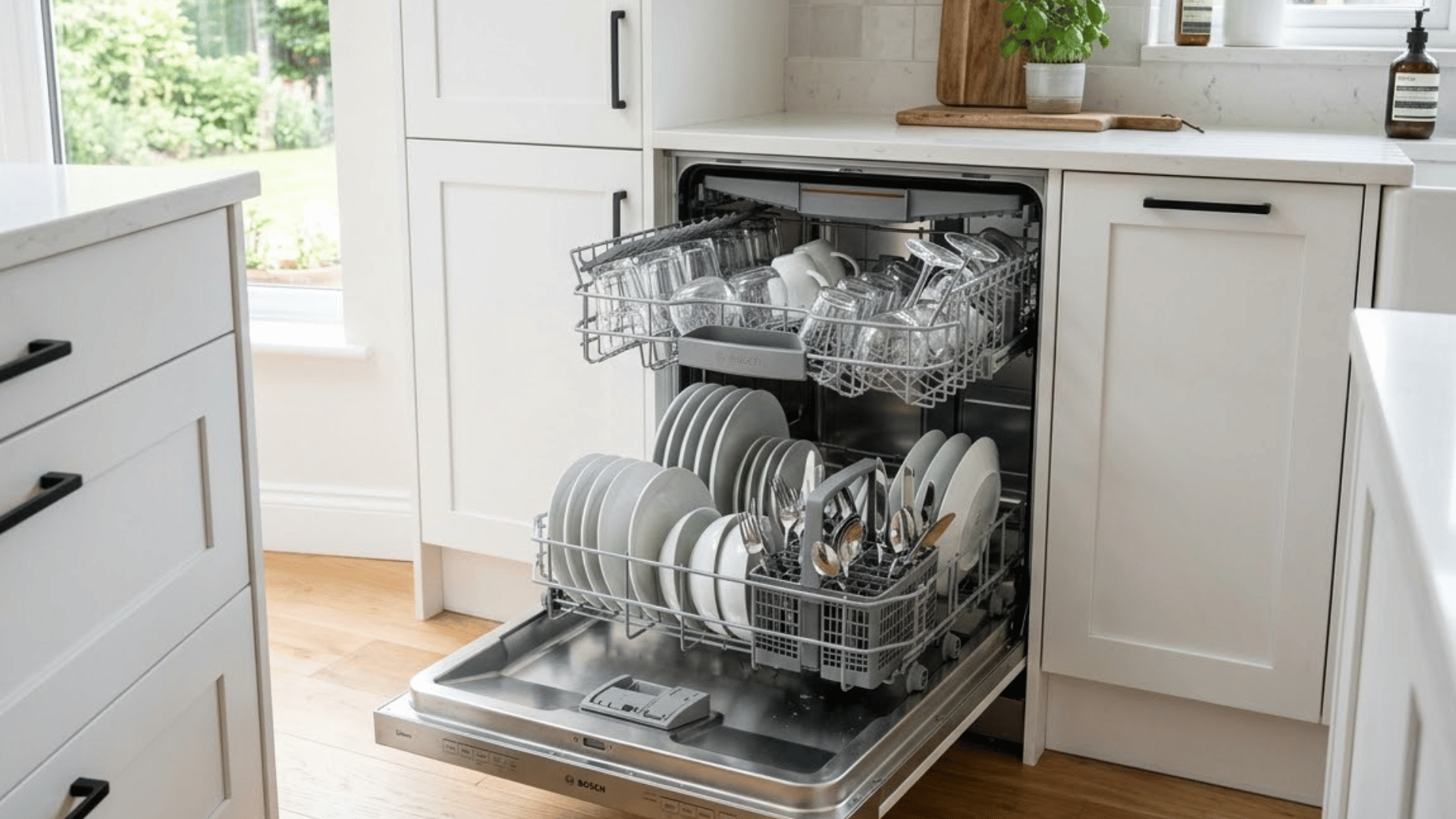 open stainless steel dishwasher with clean dishes neatly arranged on both racks.