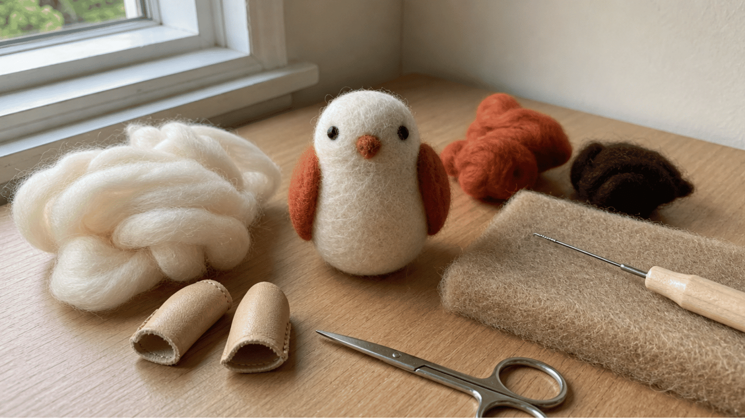 Needle felted bird surrounded by wool roving, felting mat, needle tool, finger guards, and scissors