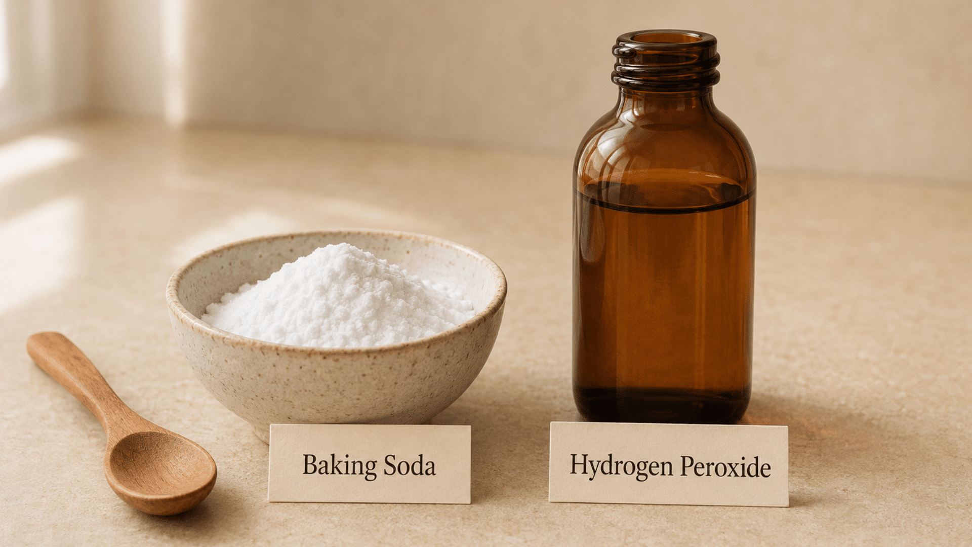 baking soda and hydrogen peroxide in labeled containers on a beige surface
