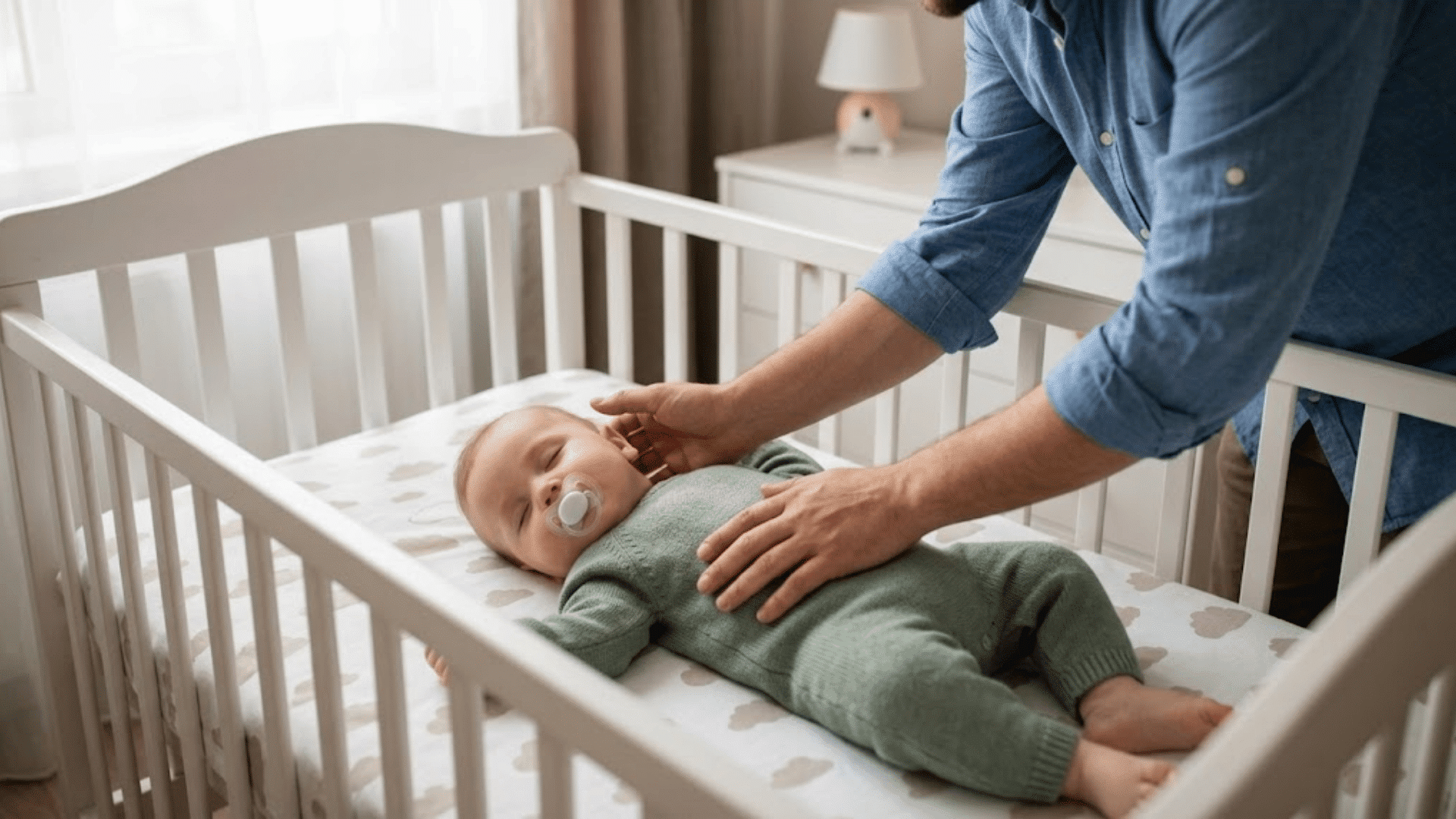 parent checks a sleeping baby in a crib while keeping the nursery calm, safe, and comfortably warm at night