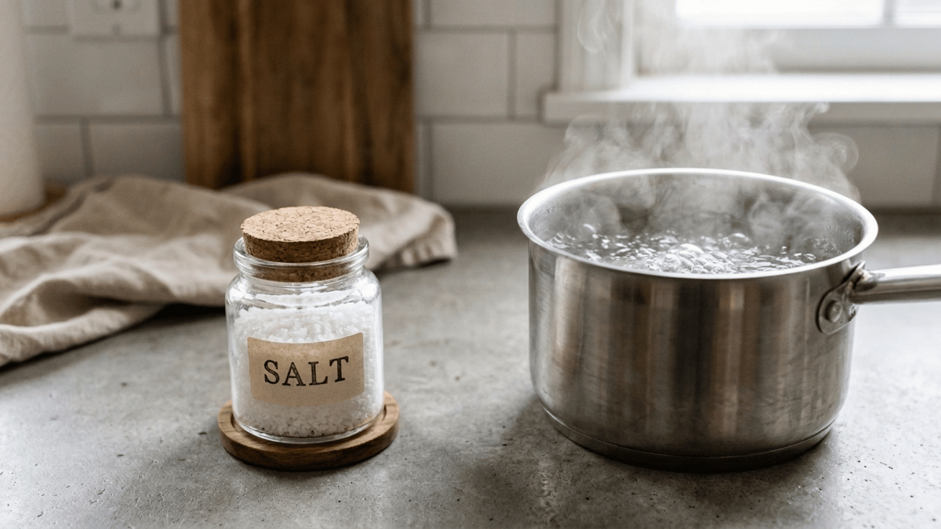 jar of table salt beside a steaming pot of boiling water on a kitchen counter for a simple drain fix