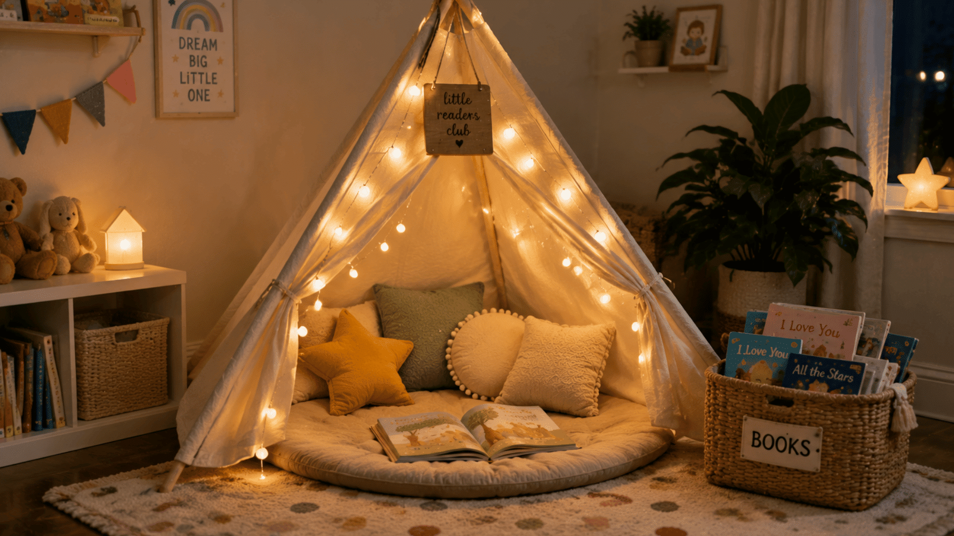 kids reading tent with cushions, string lights, books, and a playful private reading space for children