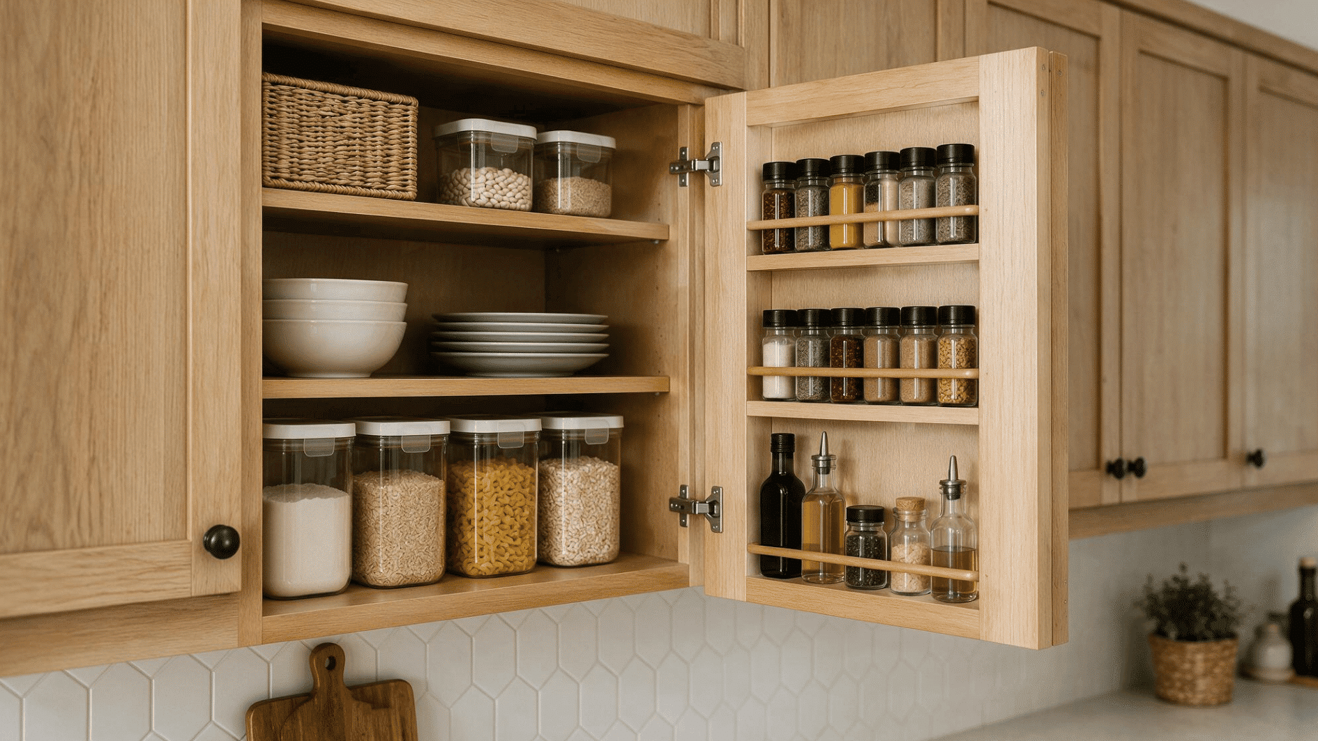 kitchen cabinet door with built in spice rack holding jars and bottles for organized storage