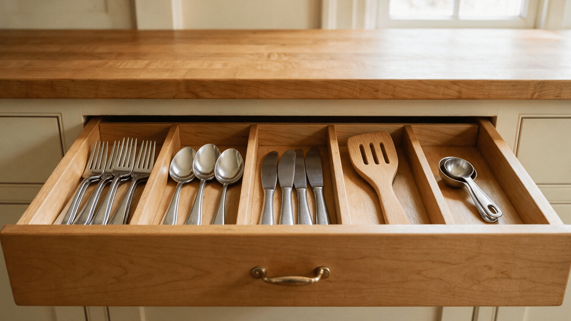 kitchen drawer with wooden dividers separating forks spoons knives and cooking utensils