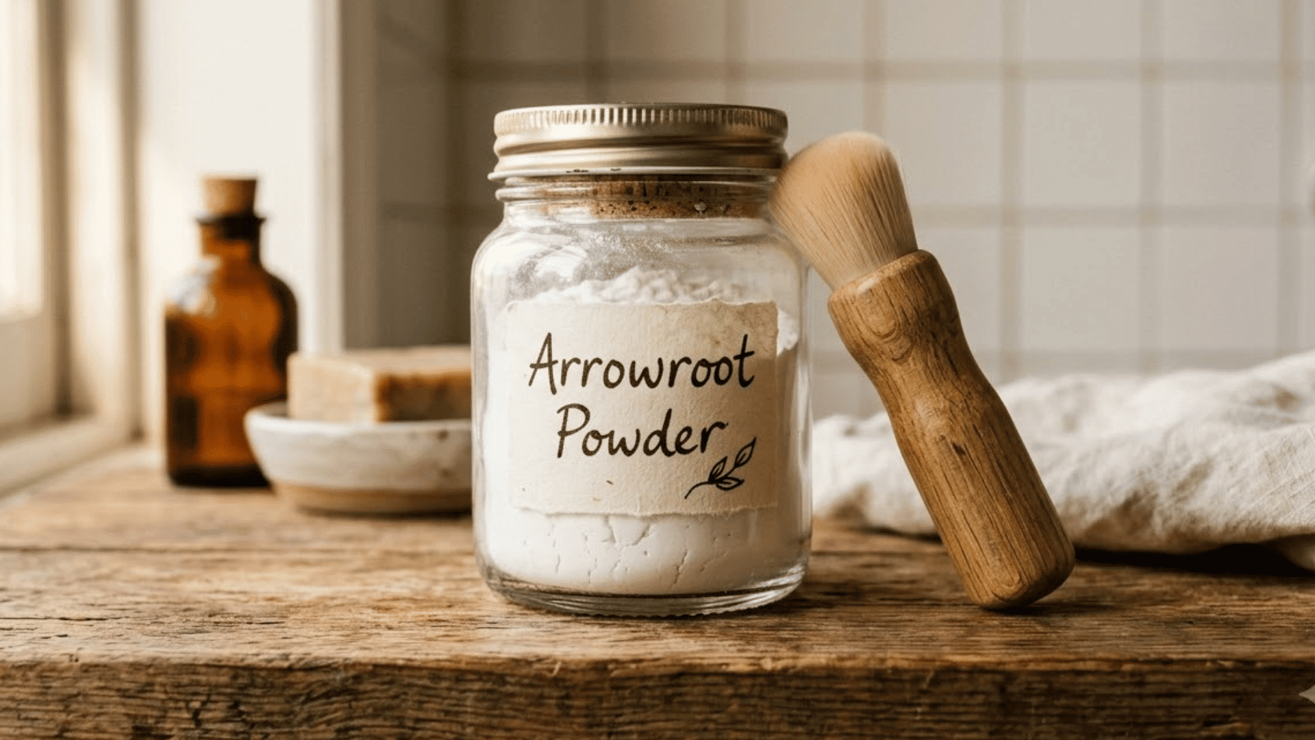 labeled jar of arrowroot powder for homemade dry shampoo