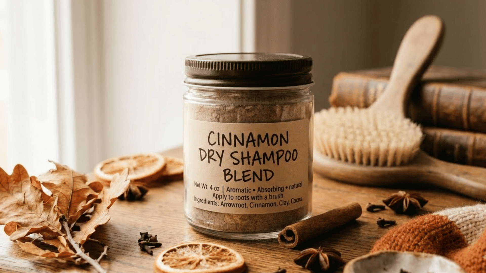 labeled jar of cinnamon dry shampoo blend with cinnamon stick