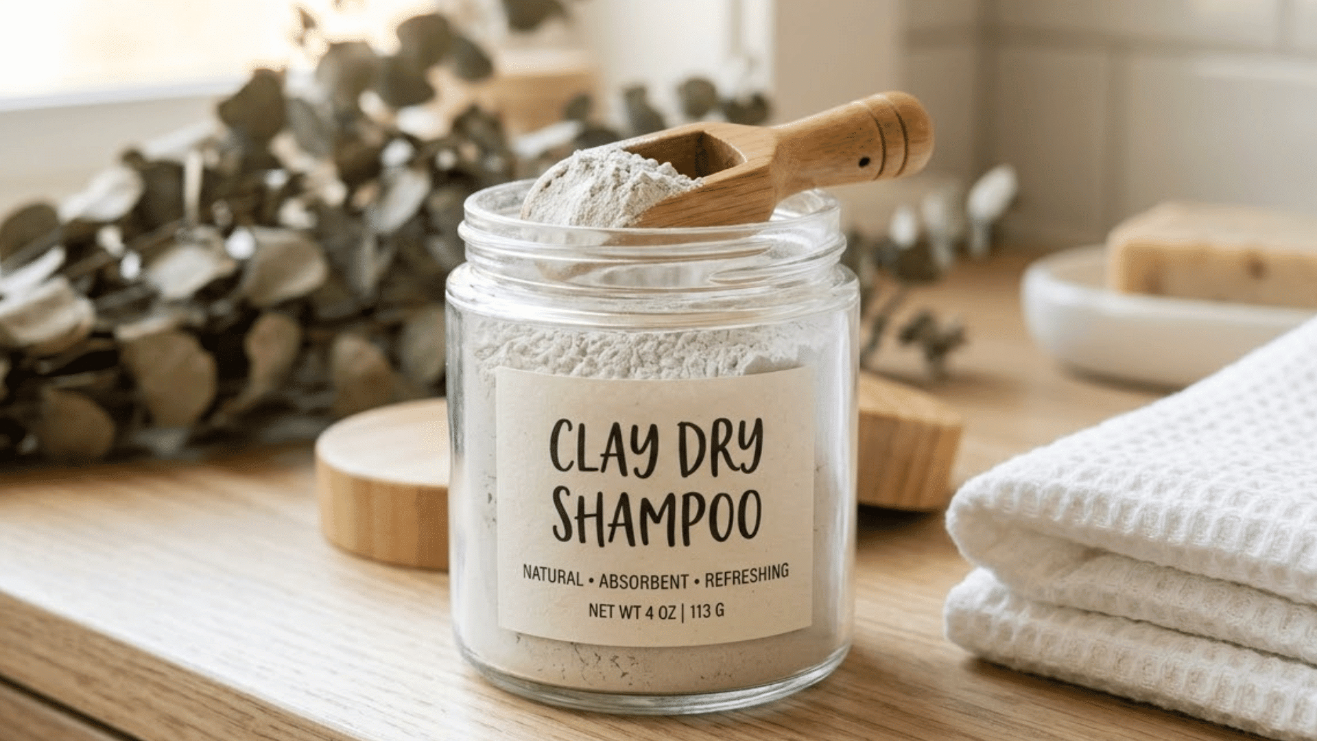 labeled jar of clay based dry shampoo powder blend
