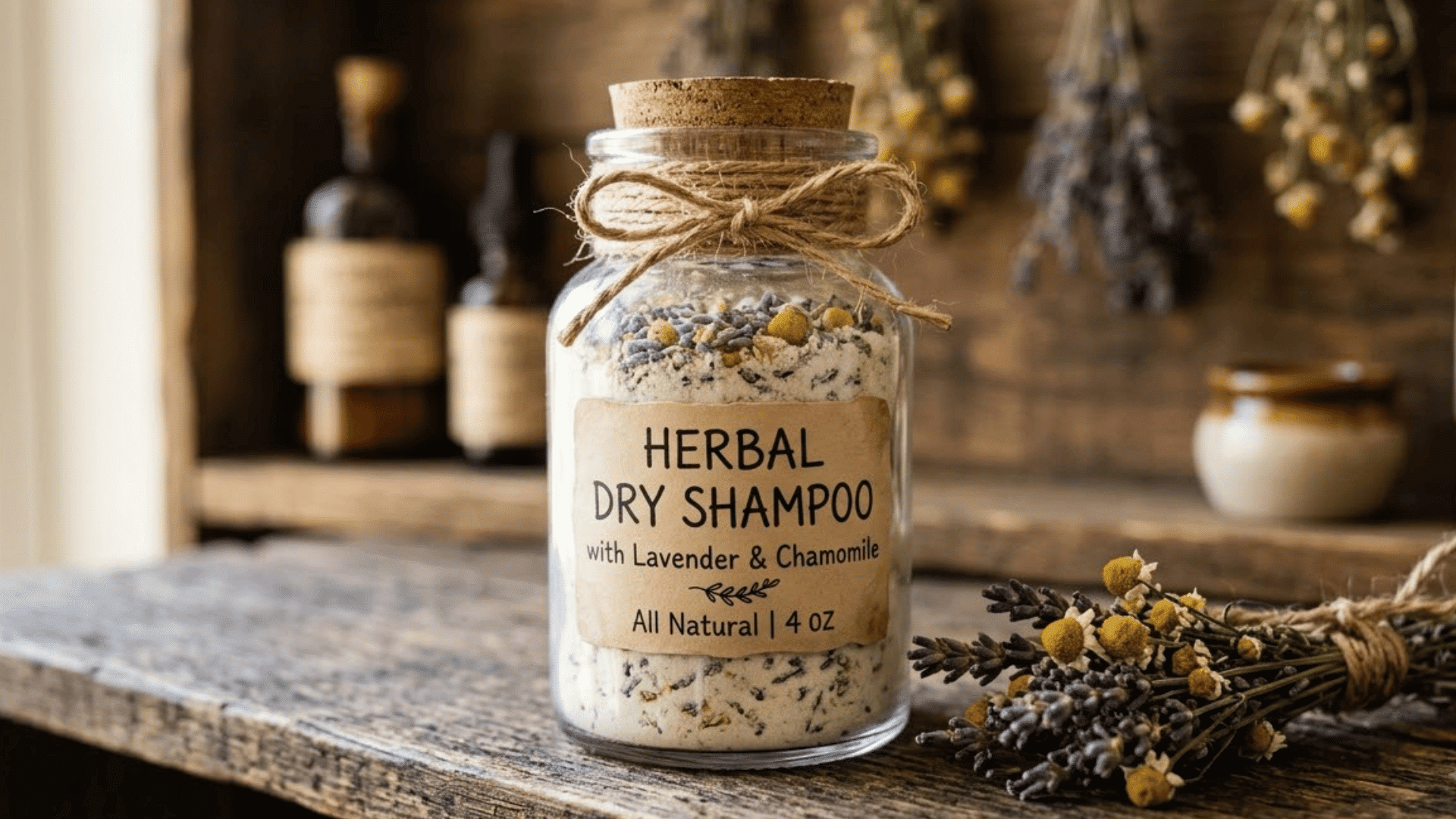 labeled jar of herbal dry shampoo with dried lavender petals