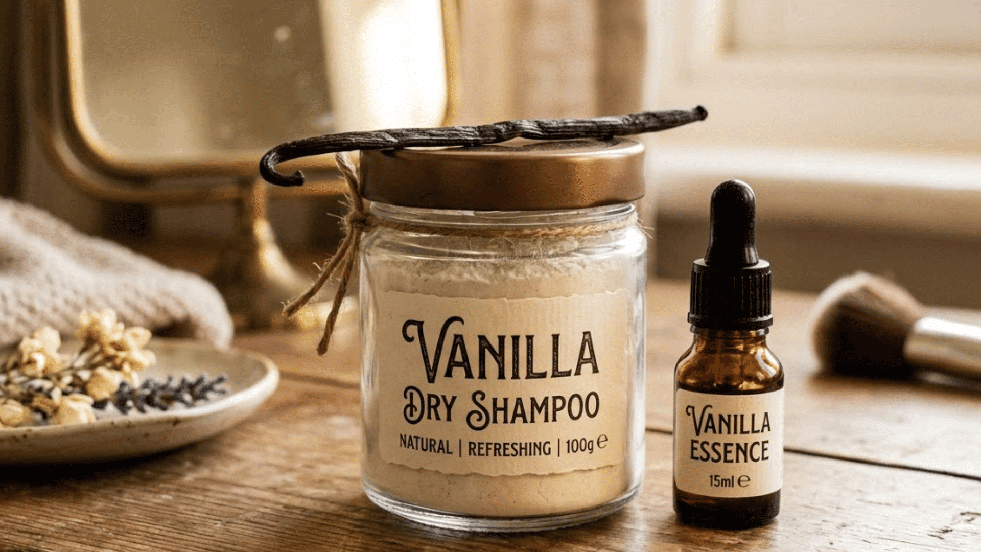 labeled jar of vanilla scented dry shampoo with vanilla bean