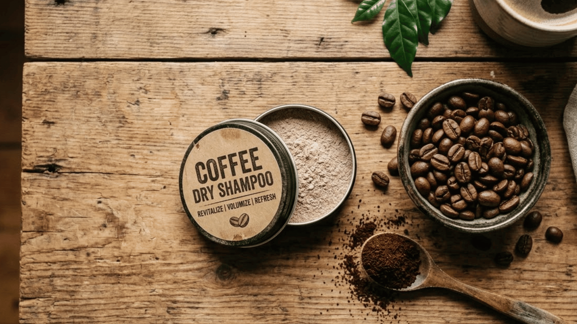 labeled tin of coffee dry shampoo powder with coffee beans