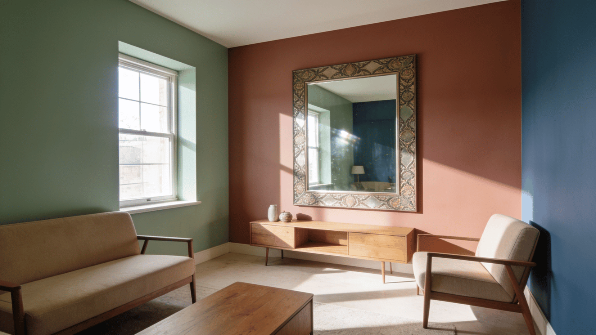 large living room with wall mirror, natural light, and modern furniture showing how mirrors create depth and openness