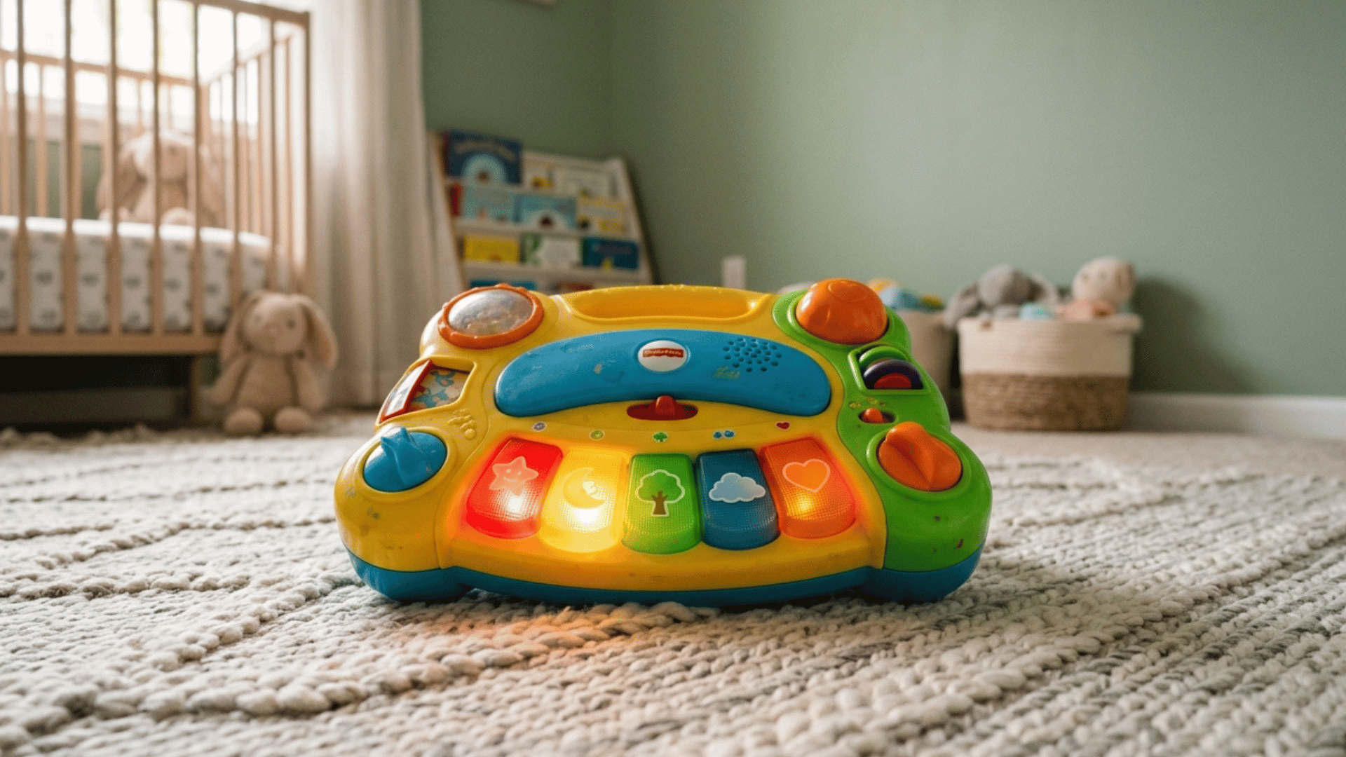 colourful light-up musical baby toy with glowing buttons placed on a soft nursery rug