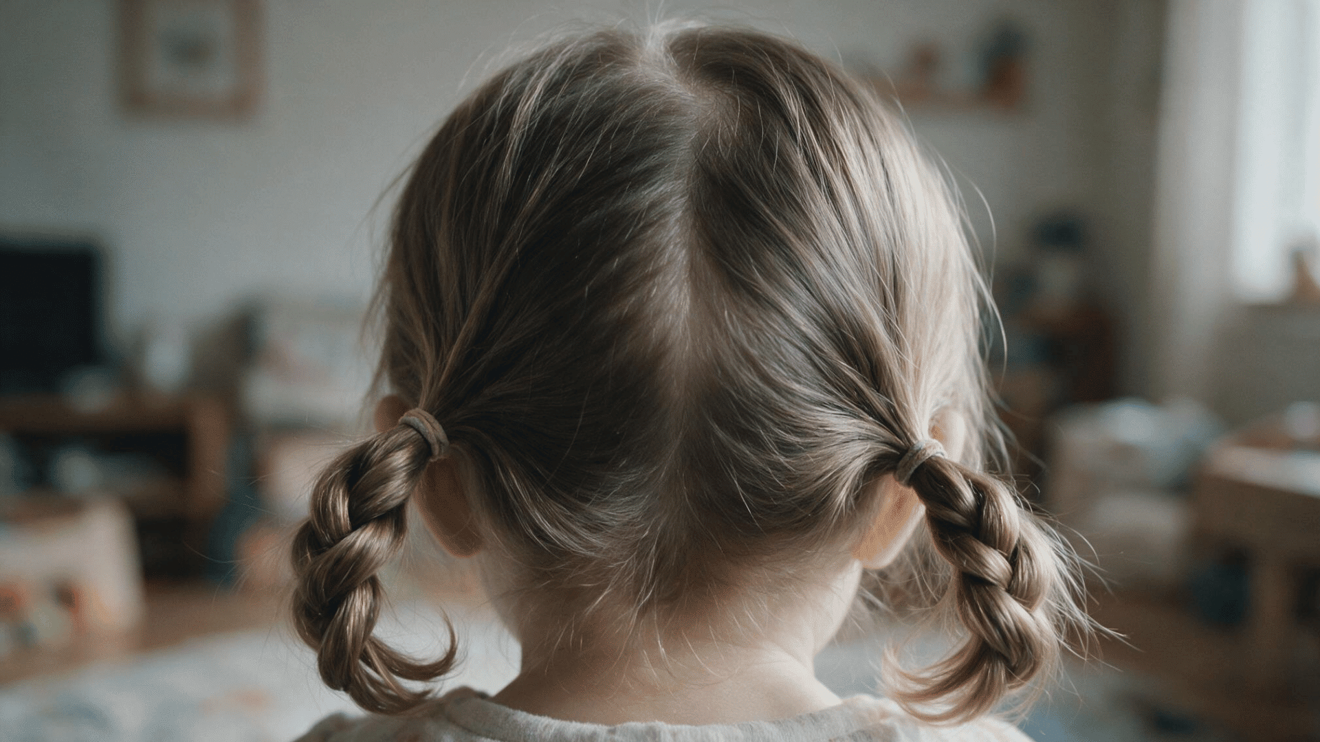 little girl with twisted pigtails secured using soft hair ties viewed from the back in a cozy indoor playroom