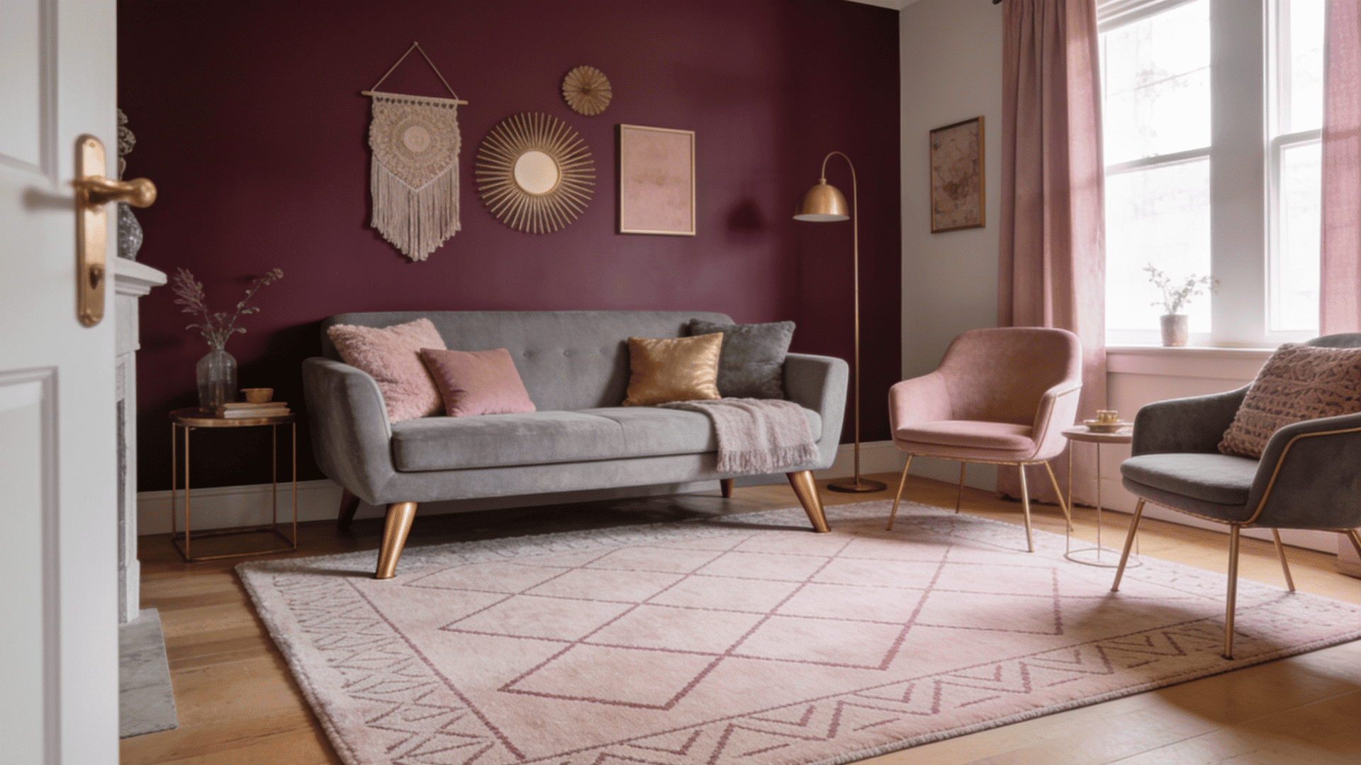 living room with large rug, simple furniture, and balanced decor showing a well arranged spacious seating area