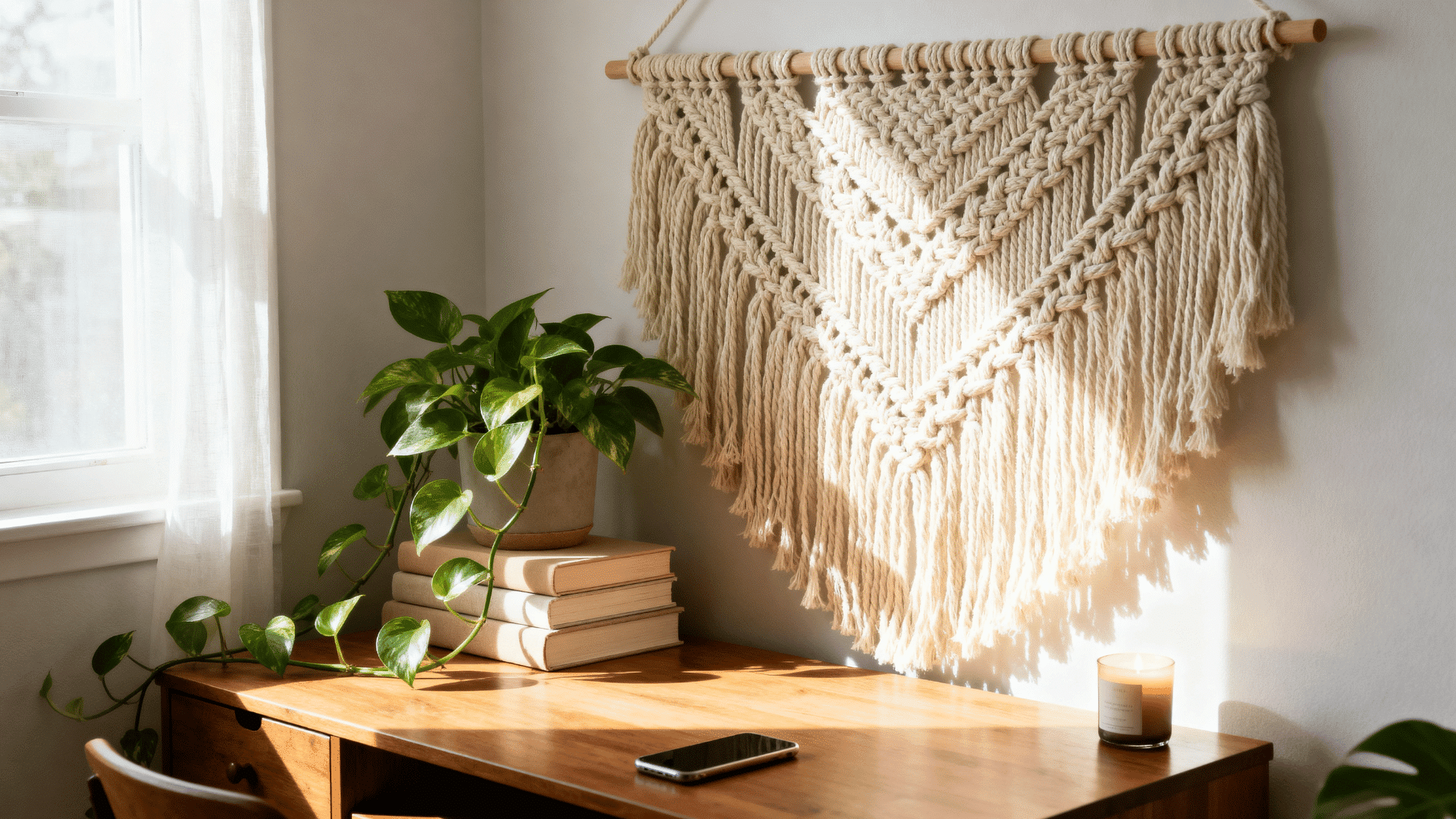 cream macrame wall hanging above a wooden desk styled with a plant
