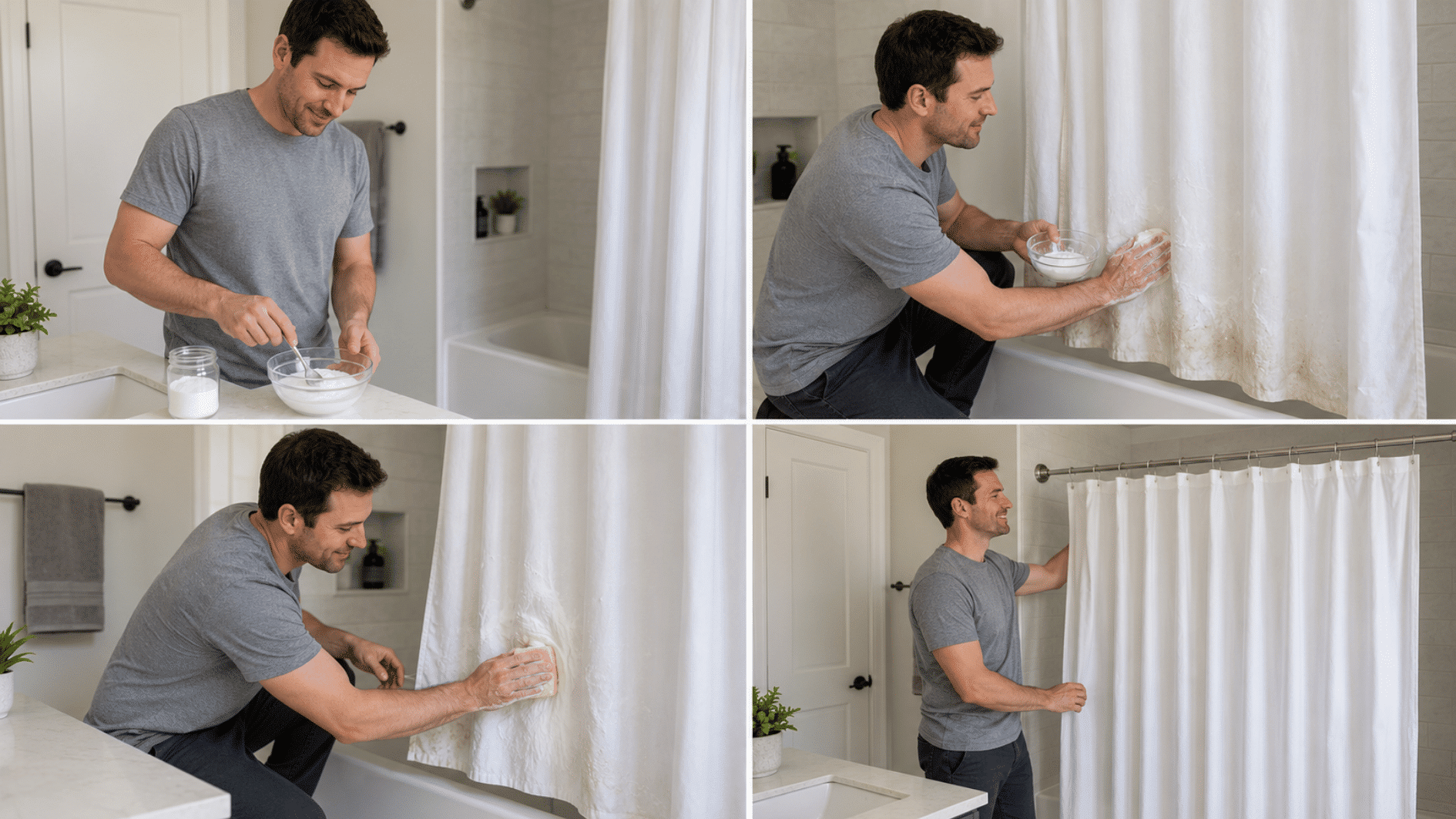 man applying baking soda paste to a stained shower curtain then rinsing and rehanging it in bathroom