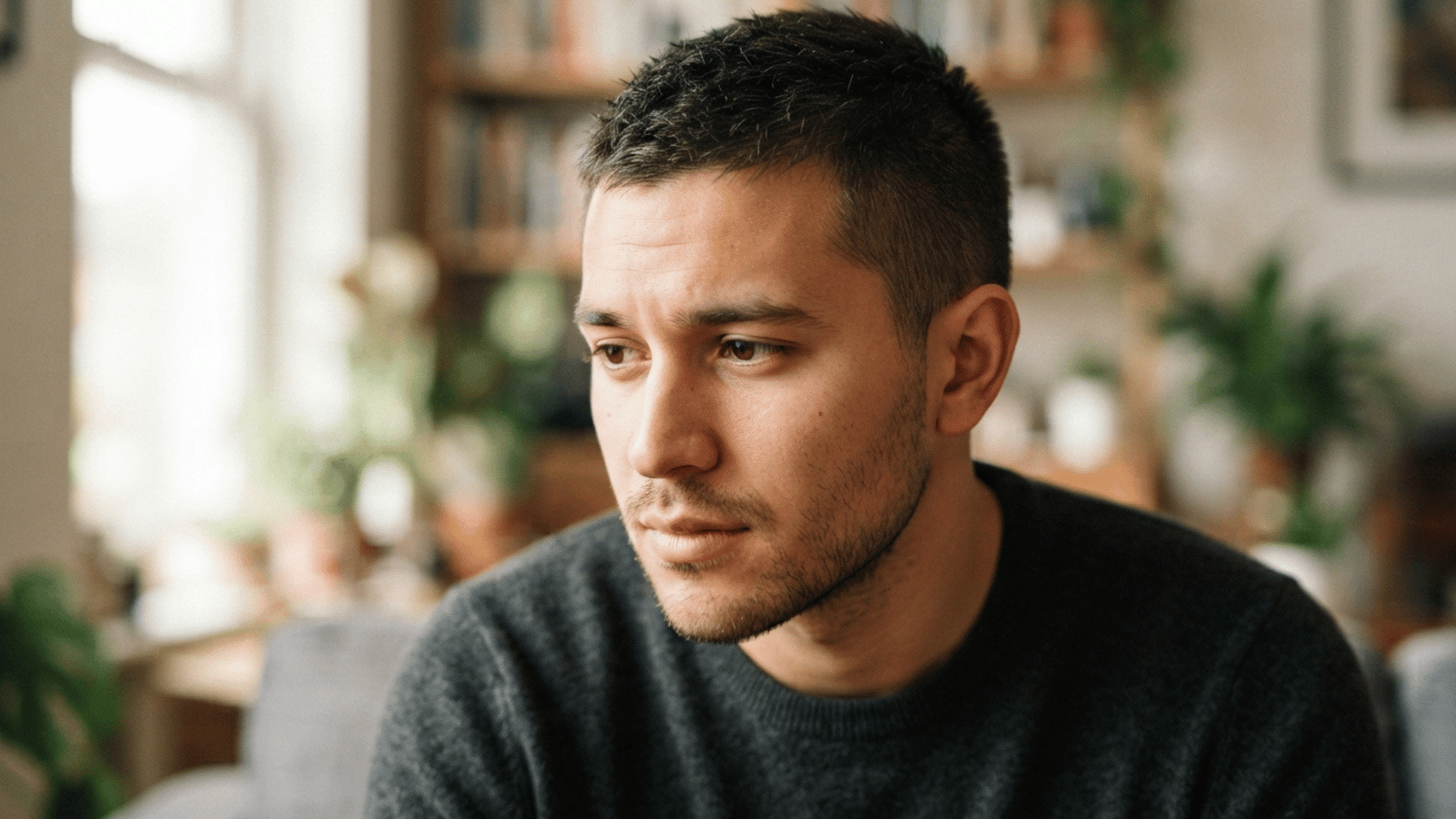 man with a textured buzz cut and suit