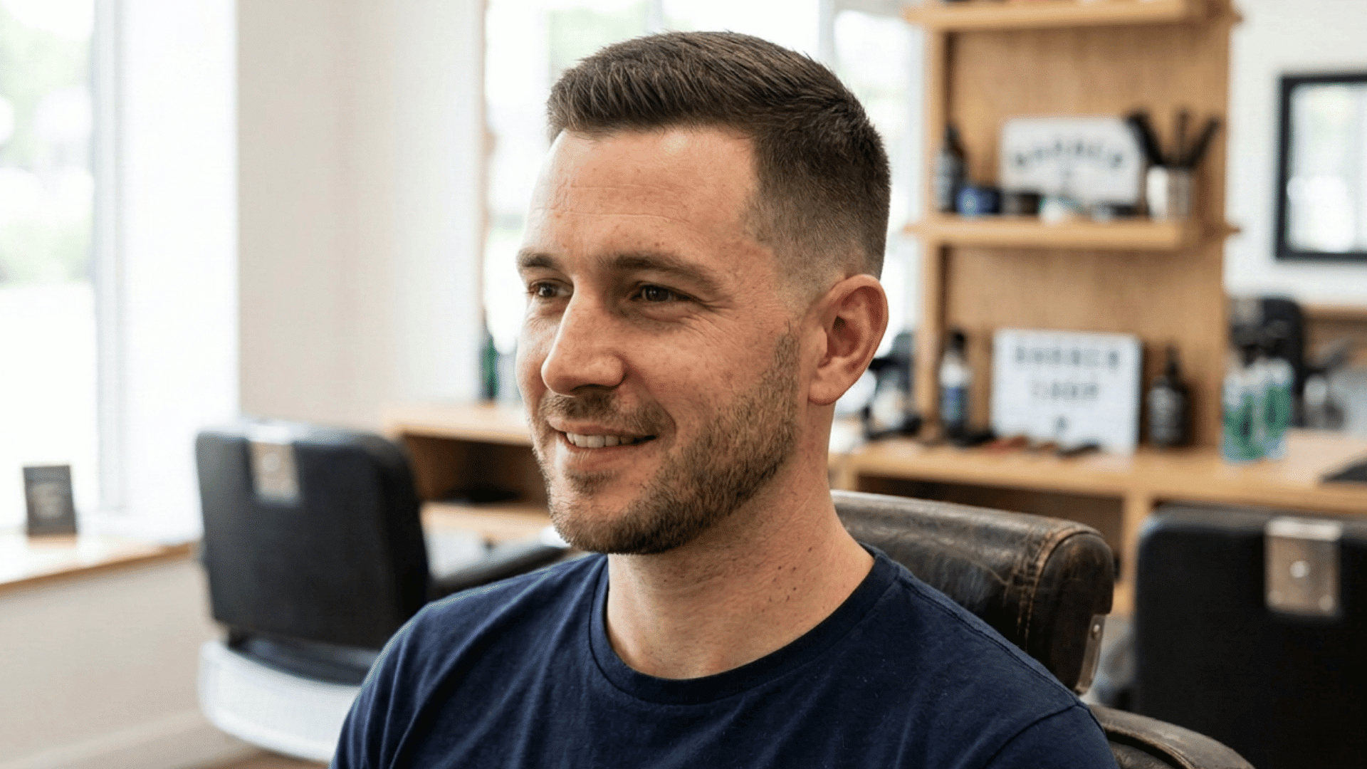 man with an oval face wearing a neat classic crew cut with tapered sides