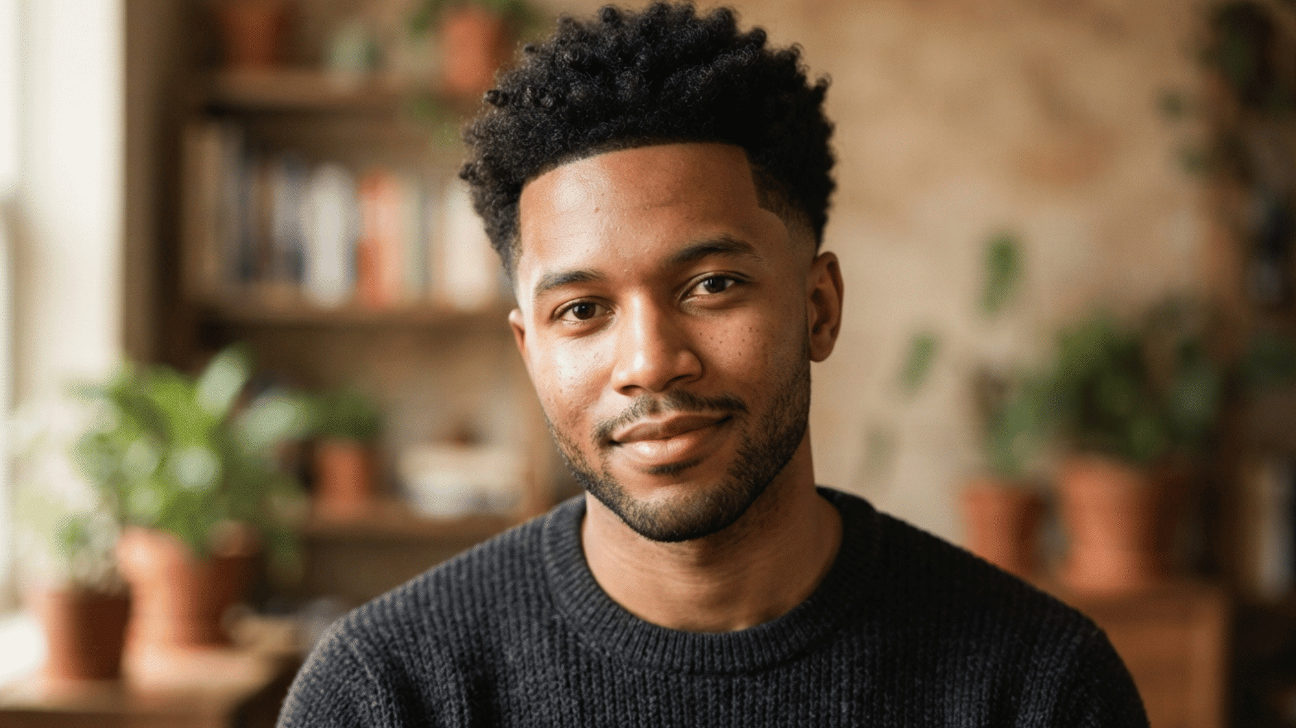 man with short curls with taper cut