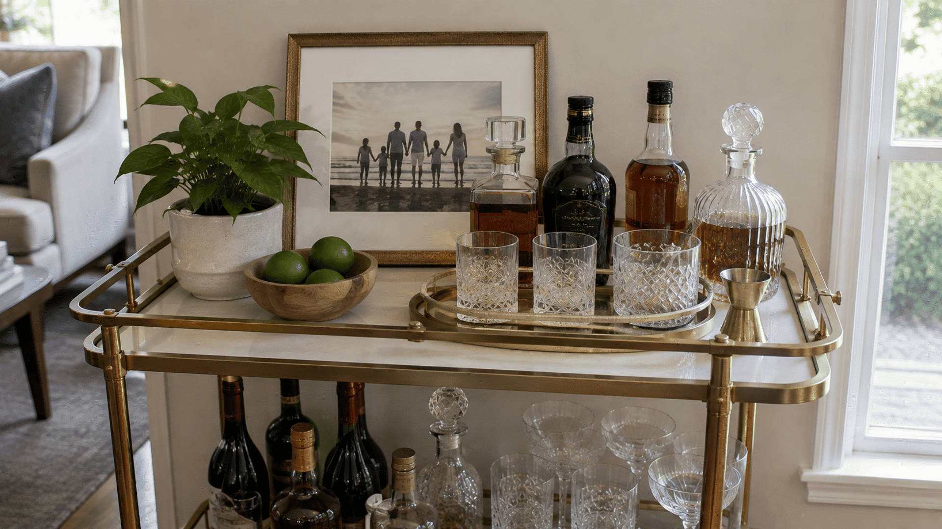Marble bar cart with a framed family photo, whiskey bottles, decanter, rocks glasses, plant, and bowl of limes