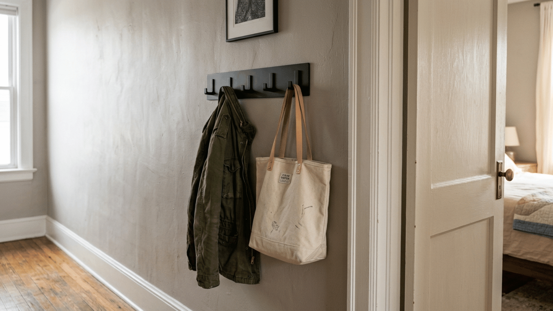 matte black coat rack mounted near a guest bedroom door holding a jacket and tote bag