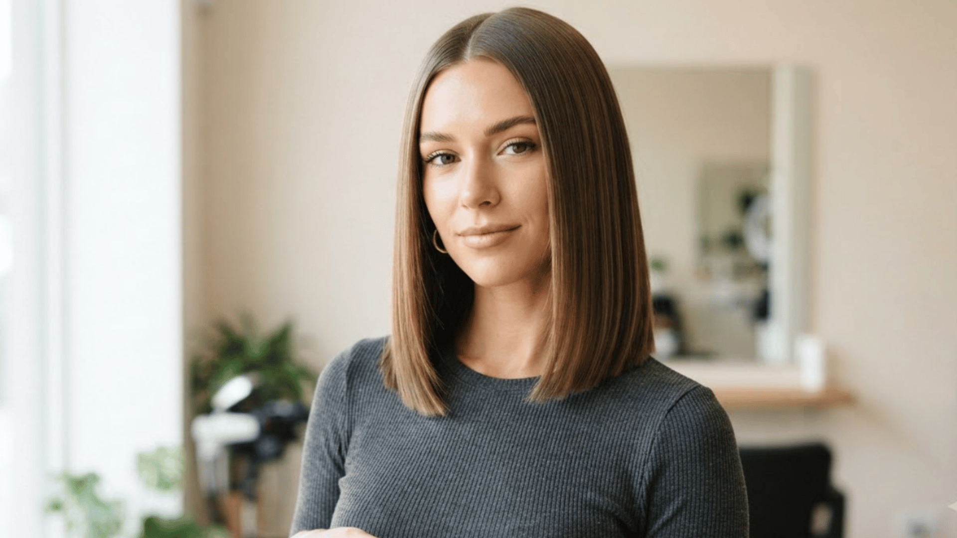 medium length blunt lob haircut with middle part and smooth straight ends styled in bright salon setting natural texture