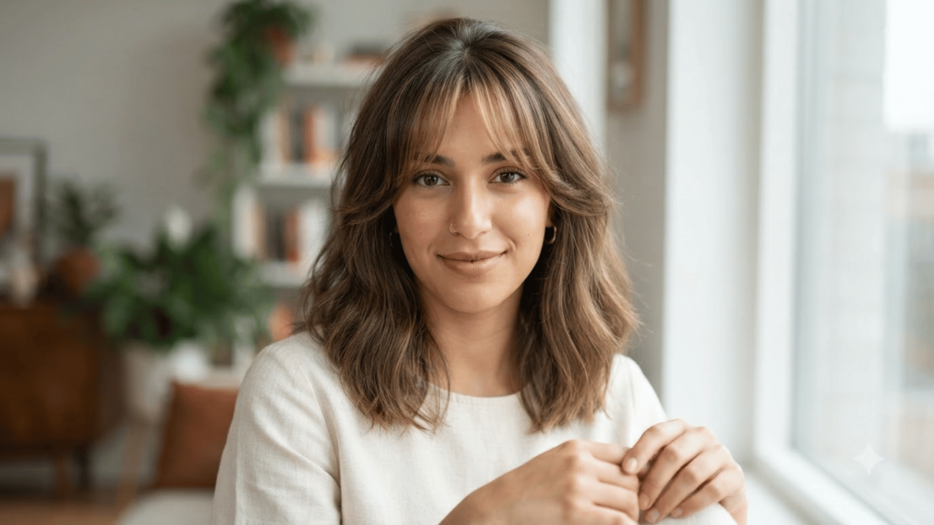 medium length haircut with curtain bangs and soft layers styled in a bright indoor setting with natural hair texture