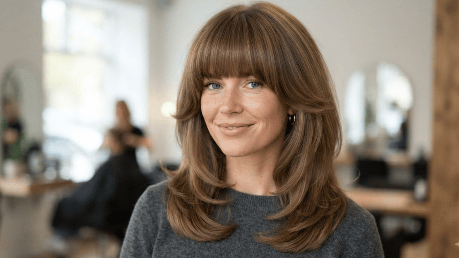 medium length haircut with full bangs and soft layers styled in a salon setting with smooth rounded ends and texture