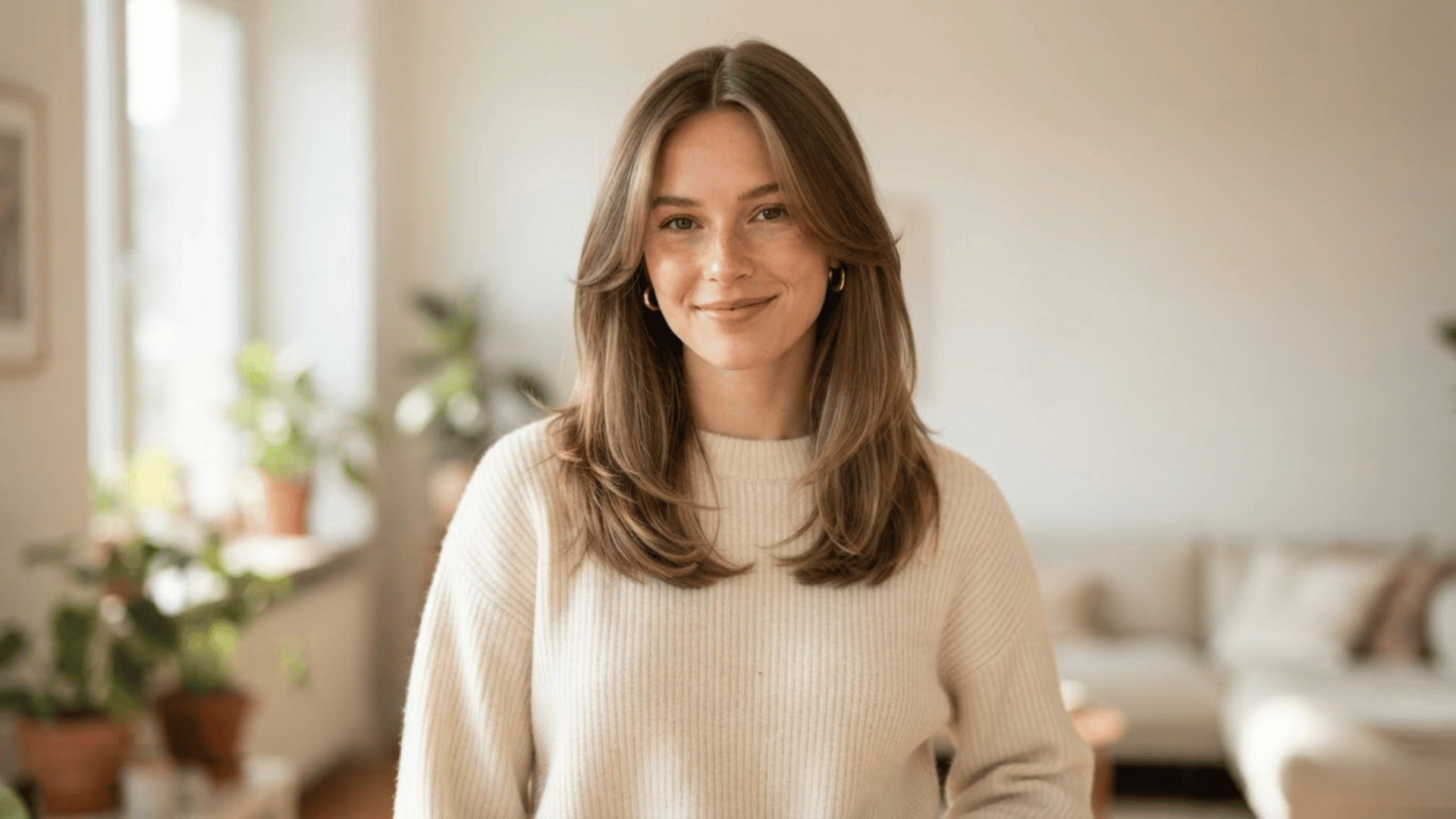 medium length haircut with long layers and face framing pieces styled in soft indoor setting with natural hair movement