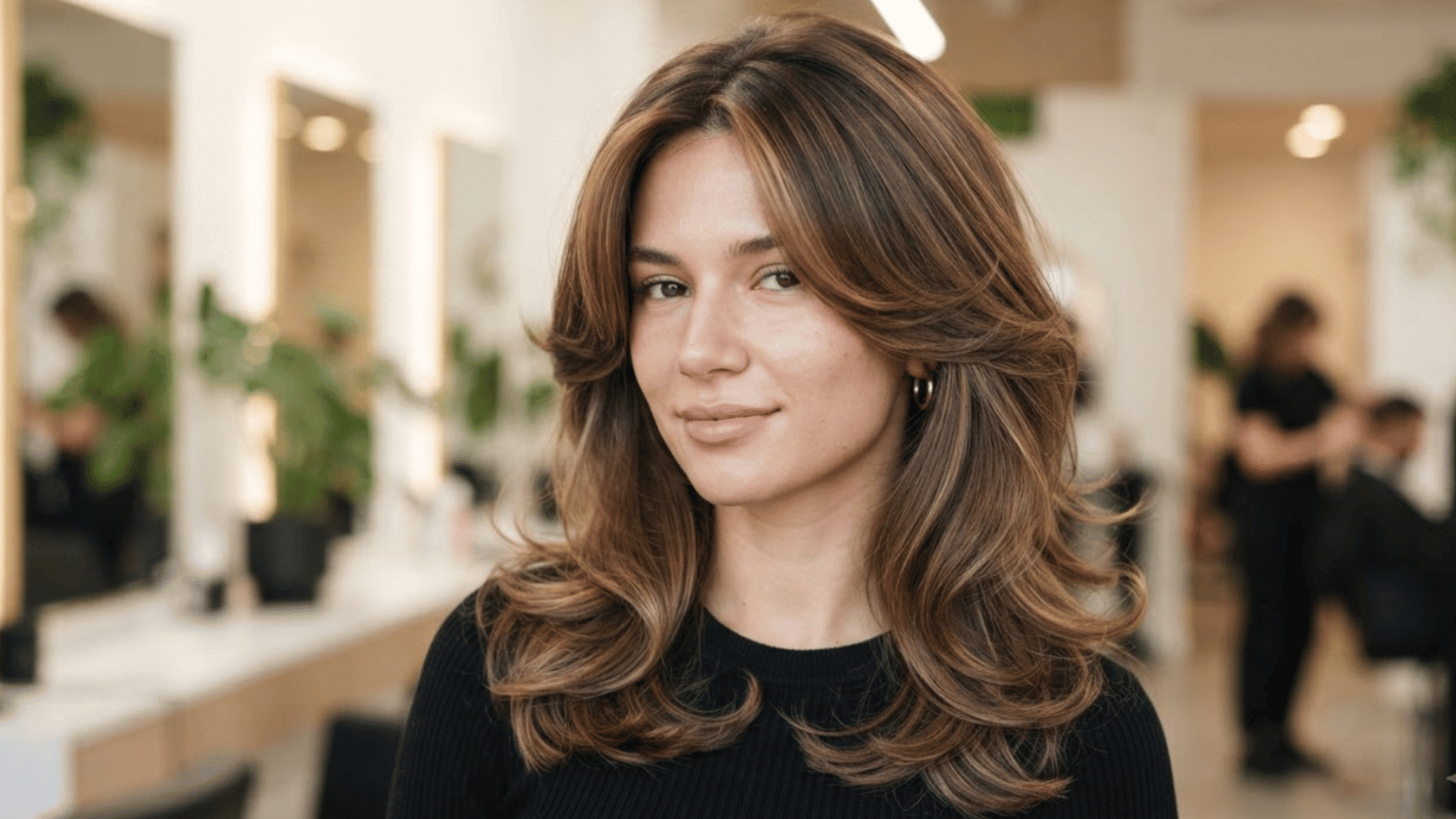 medium length haircut with soft 90s layers and face framing pieces styled in salon setting with volume and texture