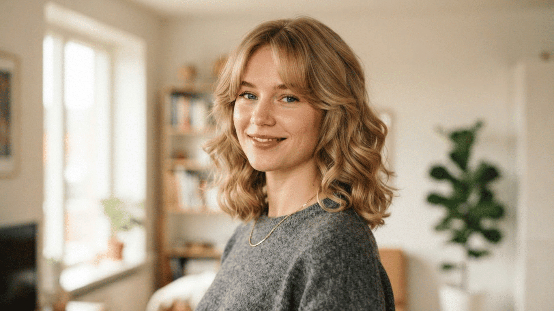 medium length haircut with soft waves and curtain bangs styled in a bright indoor setting with natural hair movement