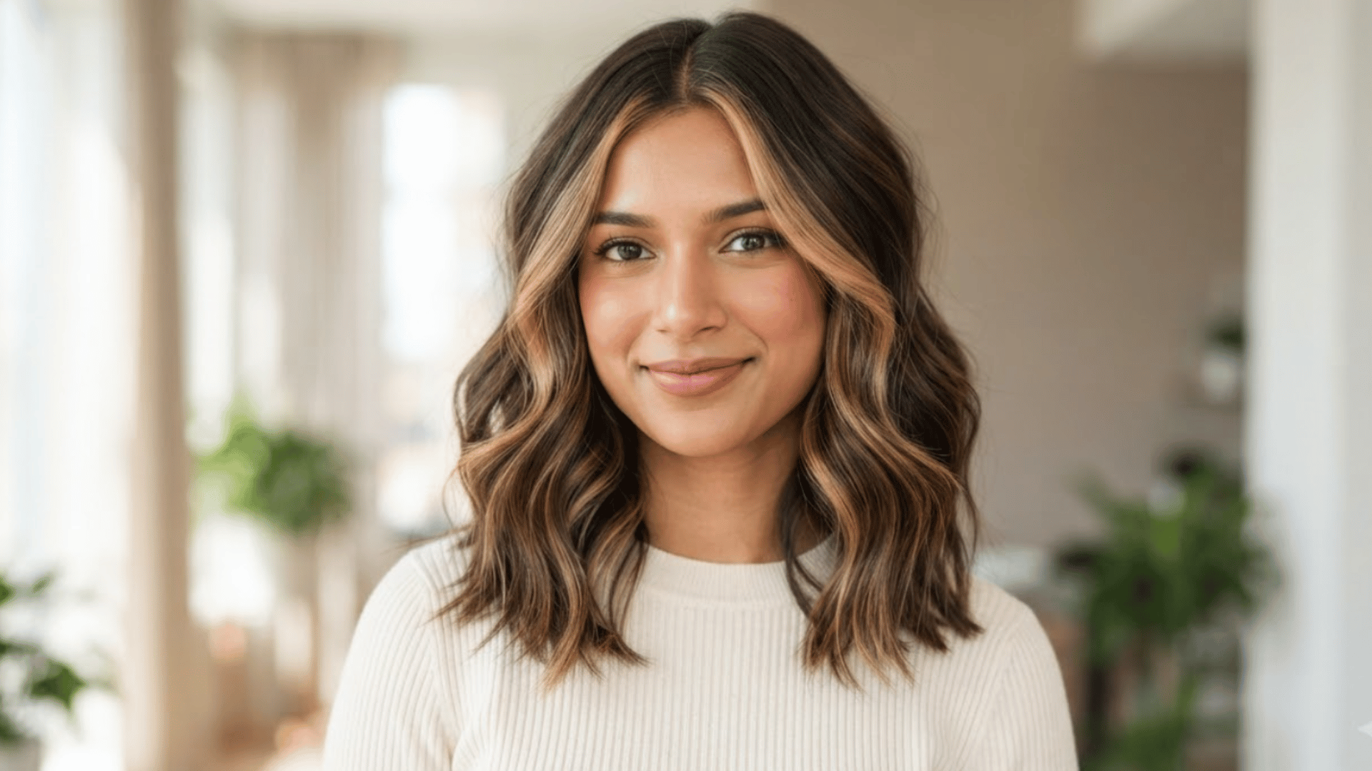 medium length haircut with soft waves and face framing layers styled in a bright room with natural texture and movement