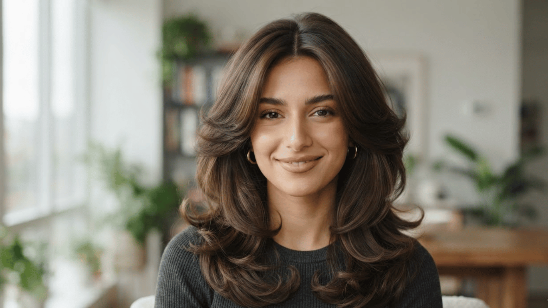 medium length haircut with volume layers and soft face framing pieces styled in bright indoor setting natural texture