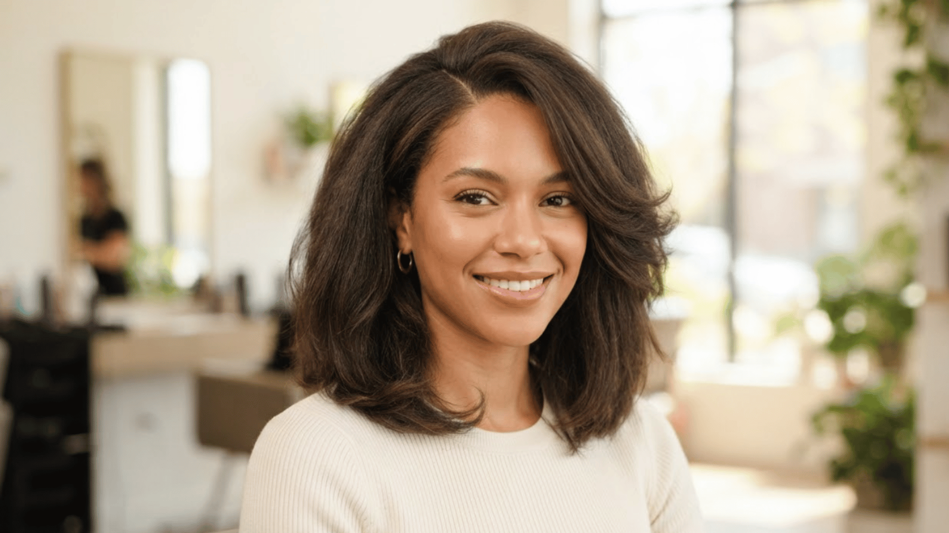 medium length haircut with volume layers and soft side swept styling in a salon setting with natural hair texture