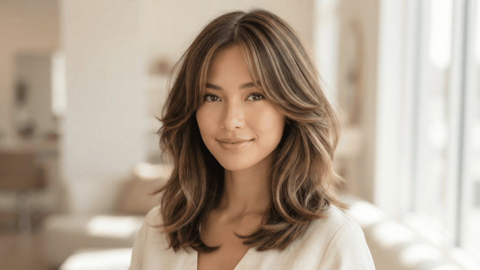 medium length layered haircut with soft waves and face framing pieces in a bright indoor setting natural texture