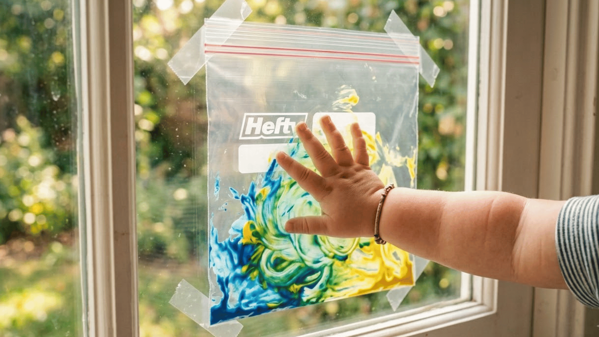 toddler hand smears paint inside a sealed zip bag taped to a sunlit window