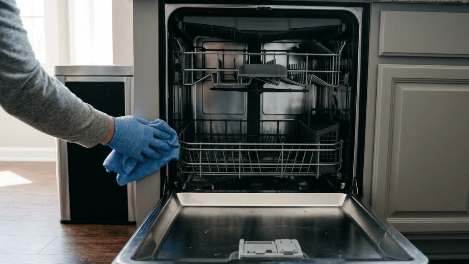 microfiber cloth wiping the rubber door gasket of an open dishwasher