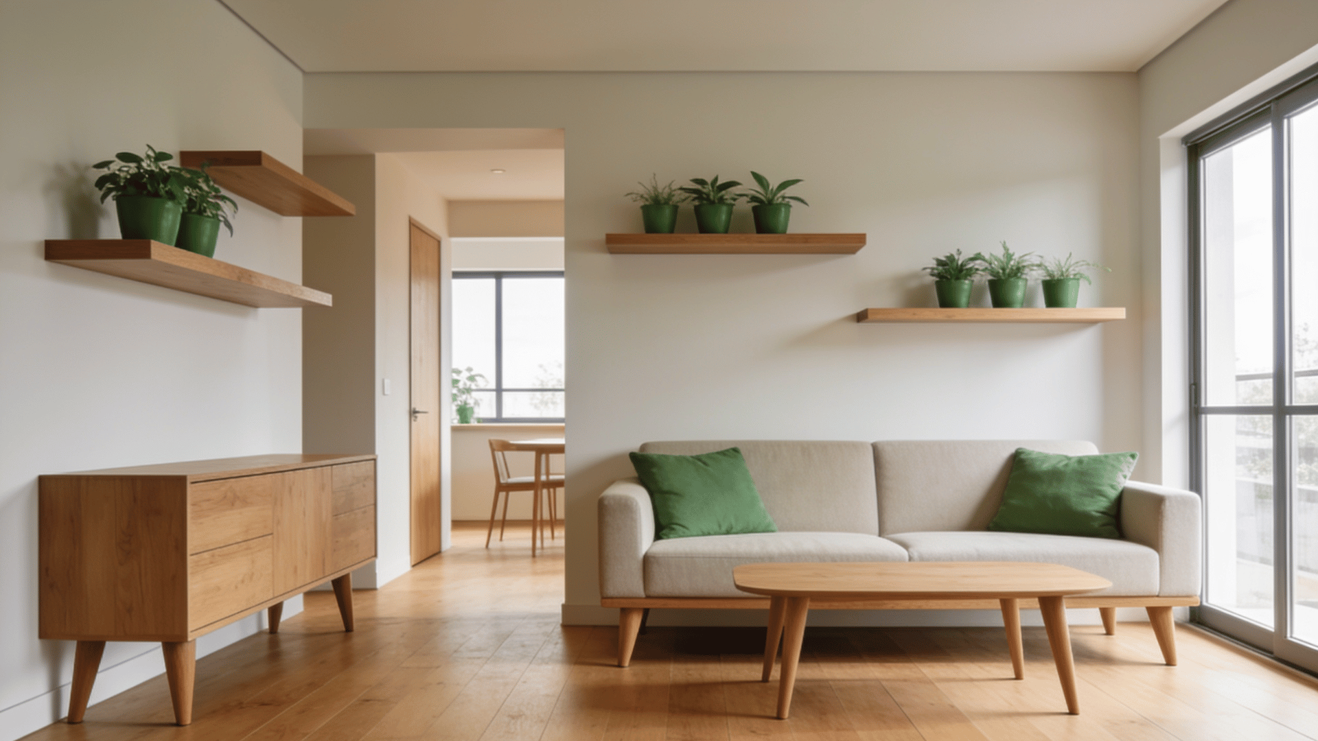 minimal living room with floating shelves, simple furniture, and open floor space showing smart space saving design ideas
