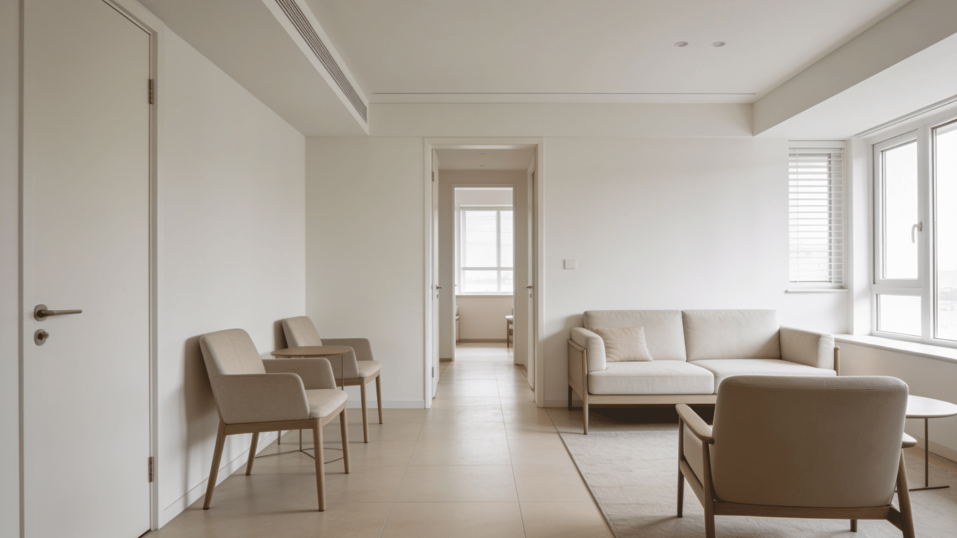 minimal living room with light furniture, open floor space, and large windows showing a spacious room layout design