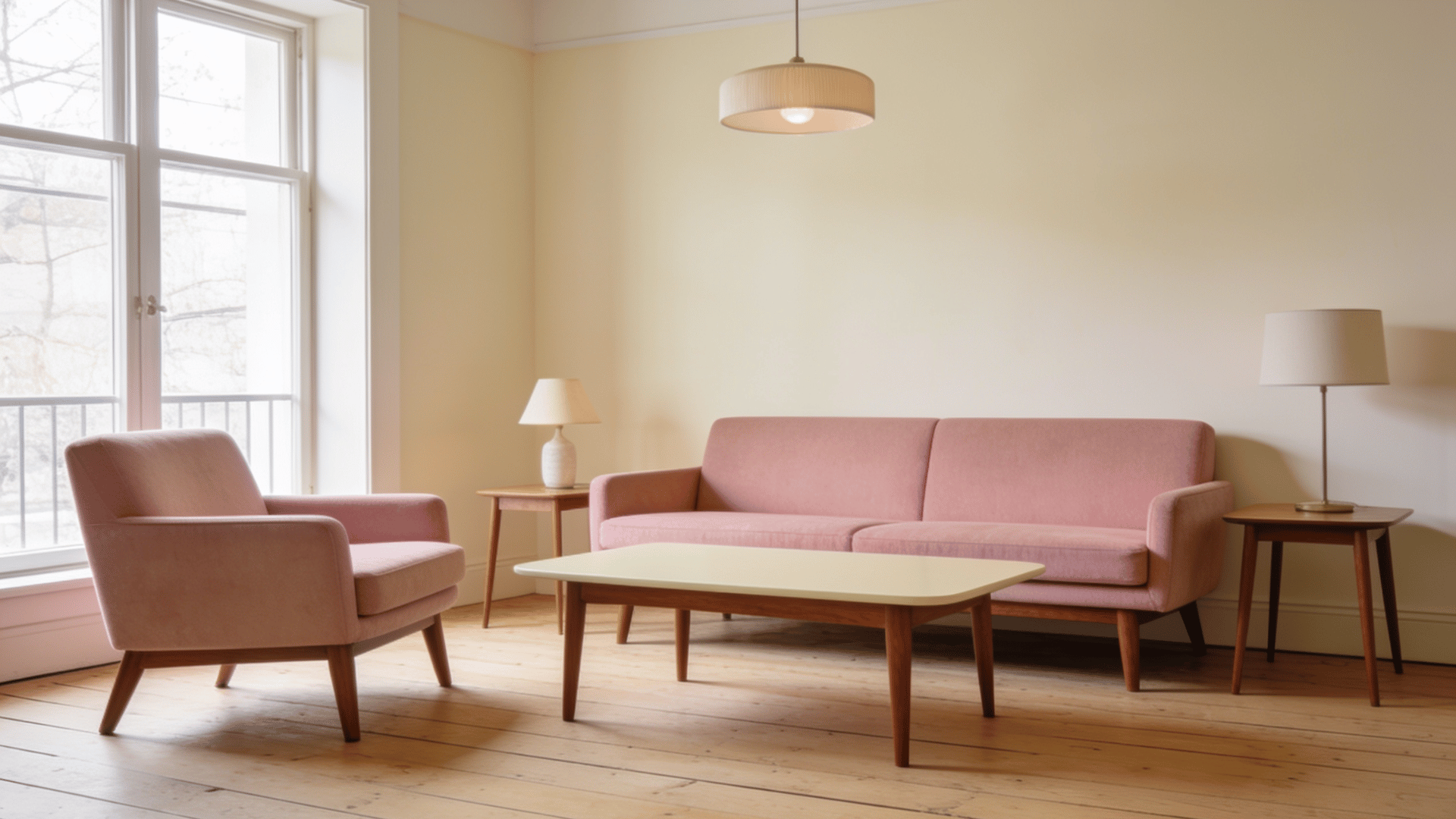 minimal living room with pink sofa, wooden furniture, large windows, and bright natural light creating an open space