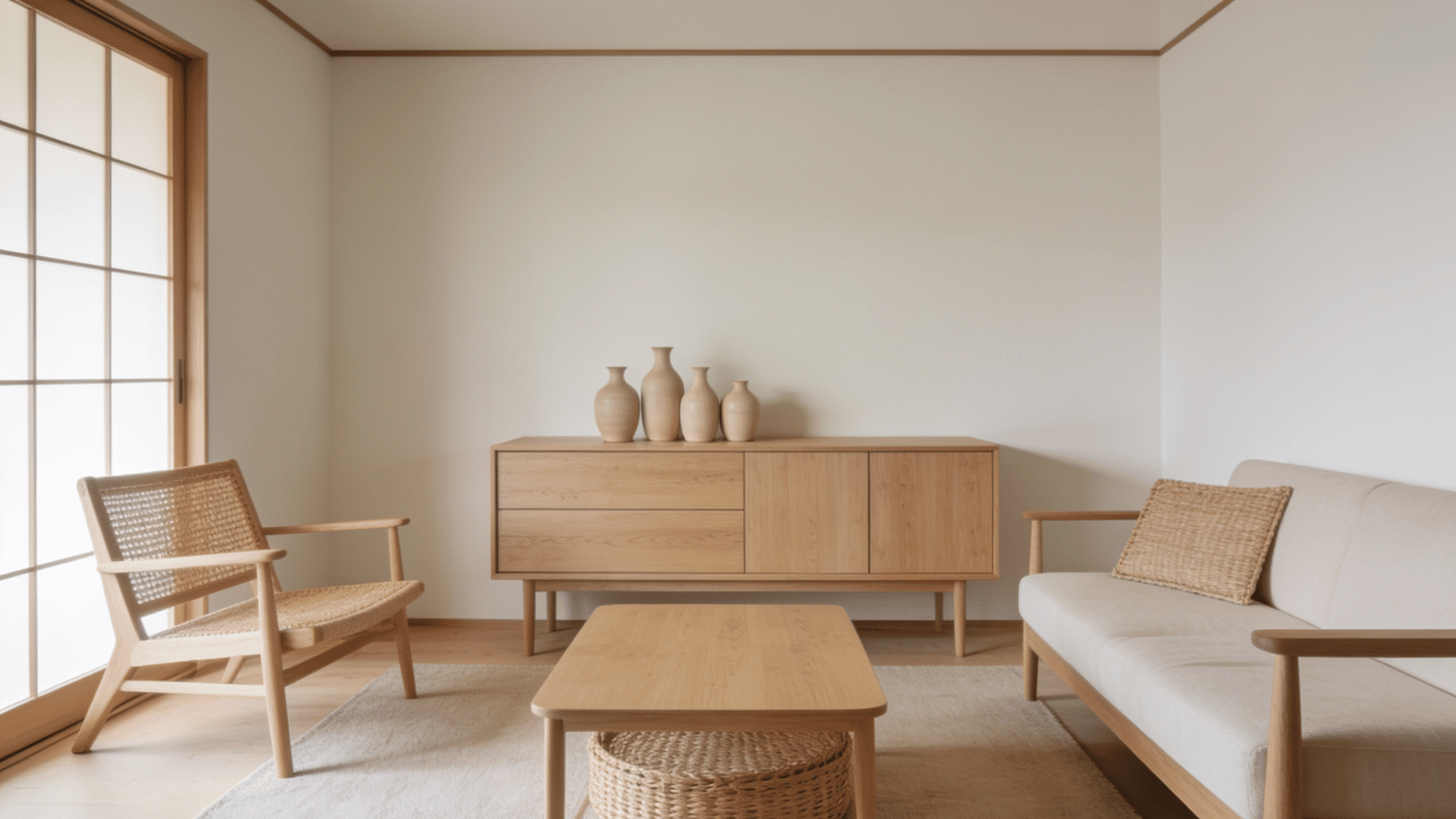 minimal living room with simple decor, neutral furniture, and open floor space showing a clean spacious room layout