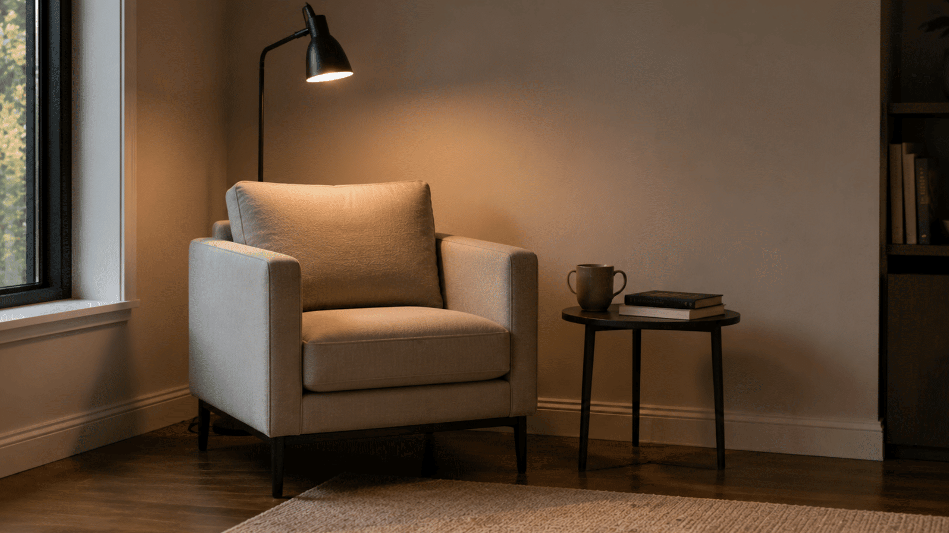 minimal reading nook with simple chair, floor lamp, side table, and clean uncluttered interior design
