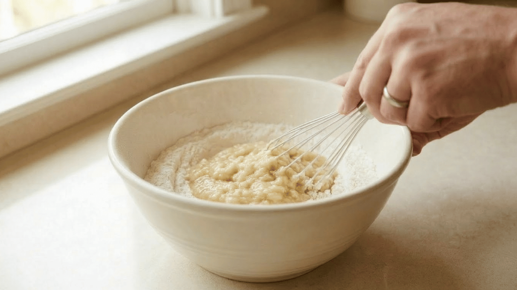 mixing mashed bananas with dry ingredients in a large bowl