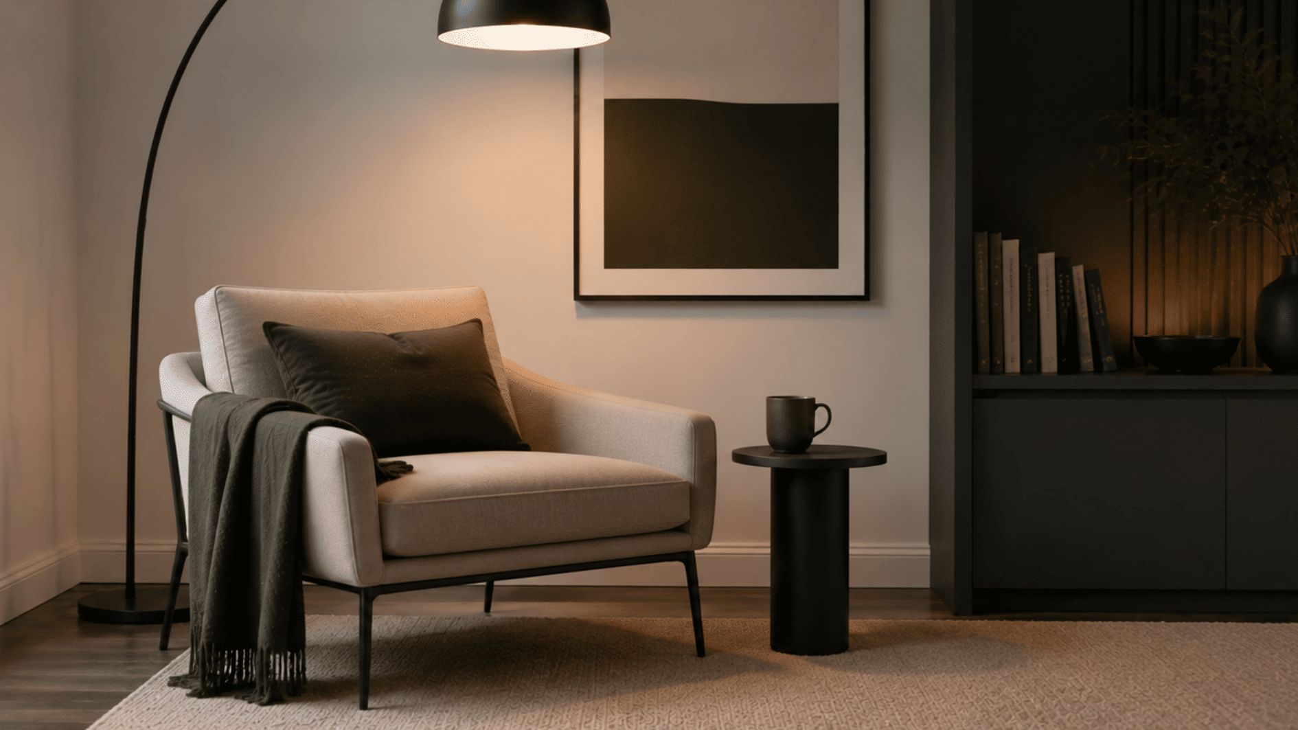 modern reading space with stylish chair, arc lamp, side table, books, and clean contemporary interior