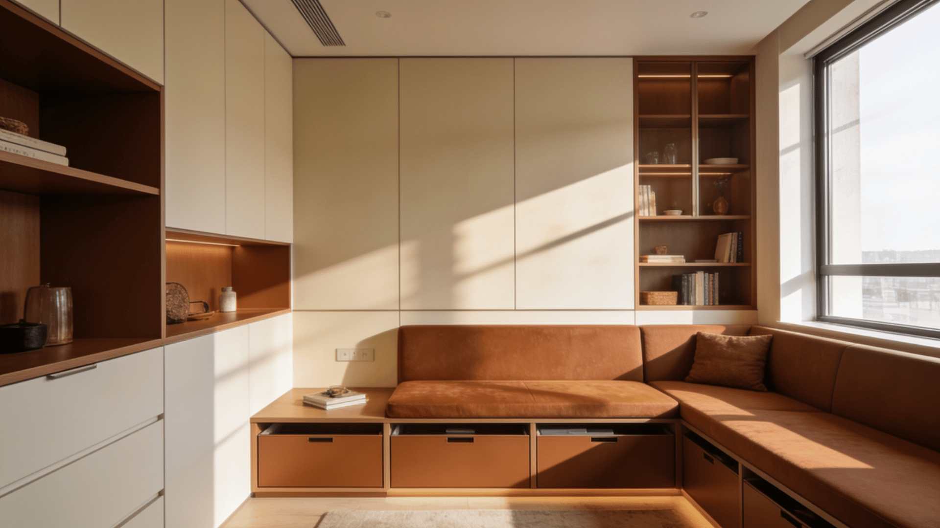 modern small living room with built-in storage, sectional sofa, warm lighting, and large windows creating an open feel