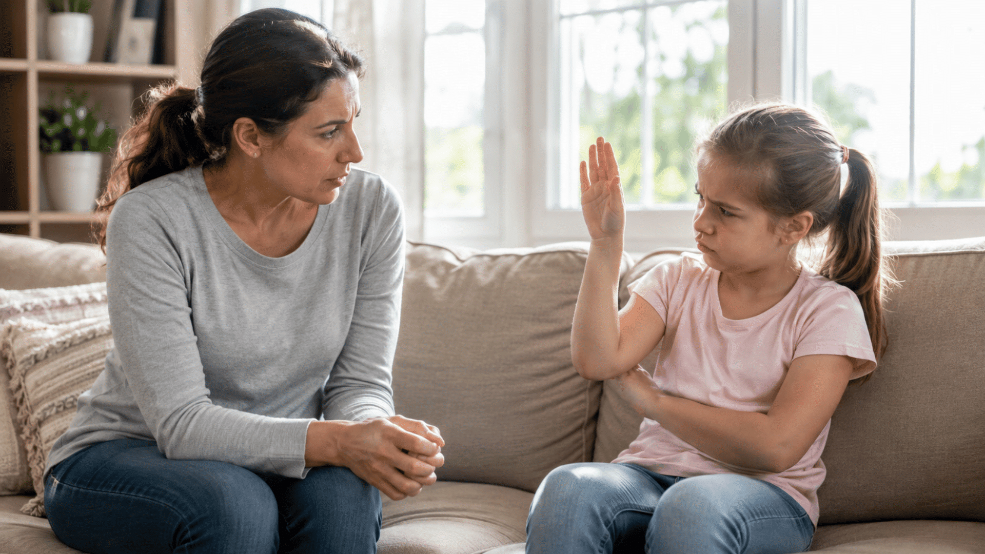 mother calmly talks with a girl raising her hand during a tense conversation on a beige sofa at home