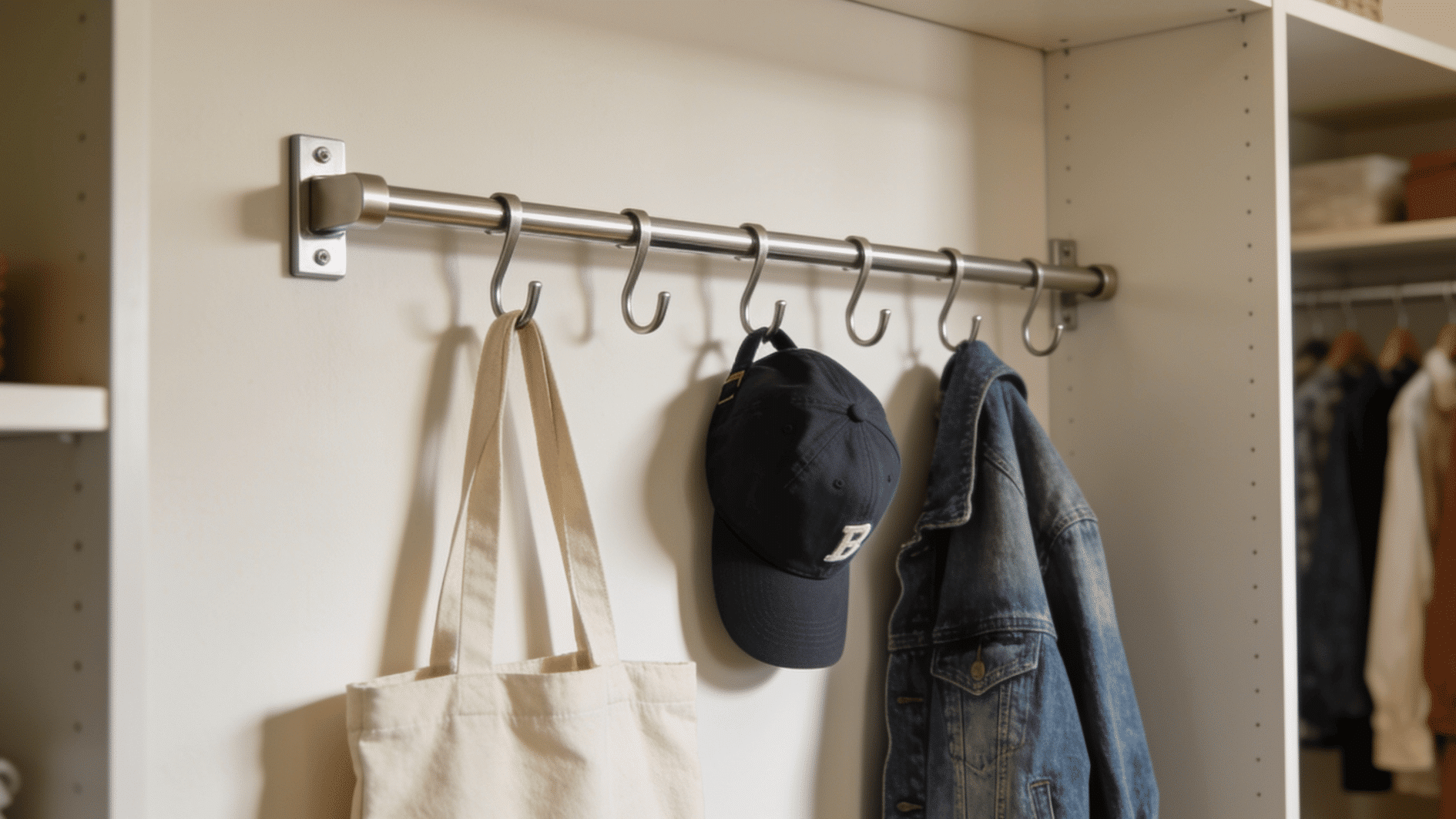 multi-hook rail organizer mounted on a closet wall for hanging bags hats jackets and everyday accessories