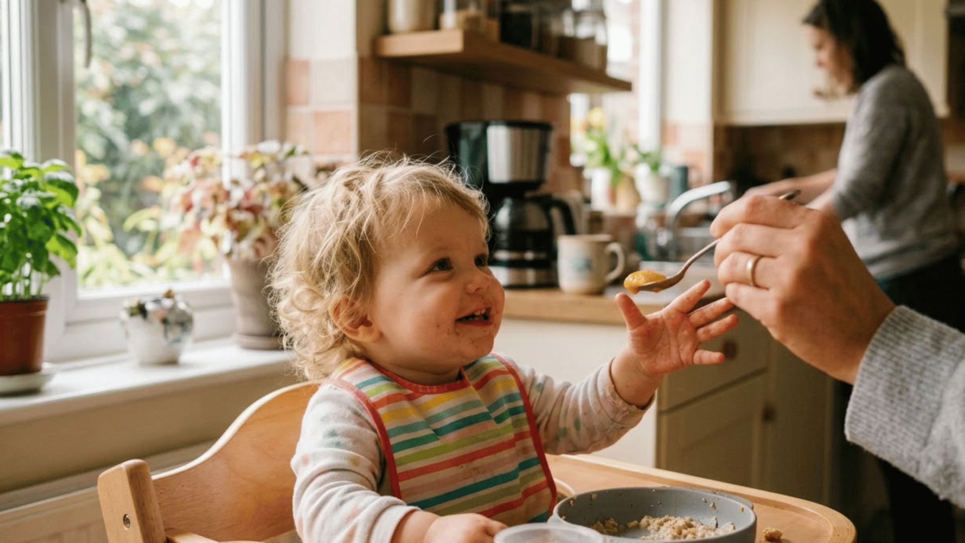 toddler reaches for a spoon while a parent names it during a daily routine