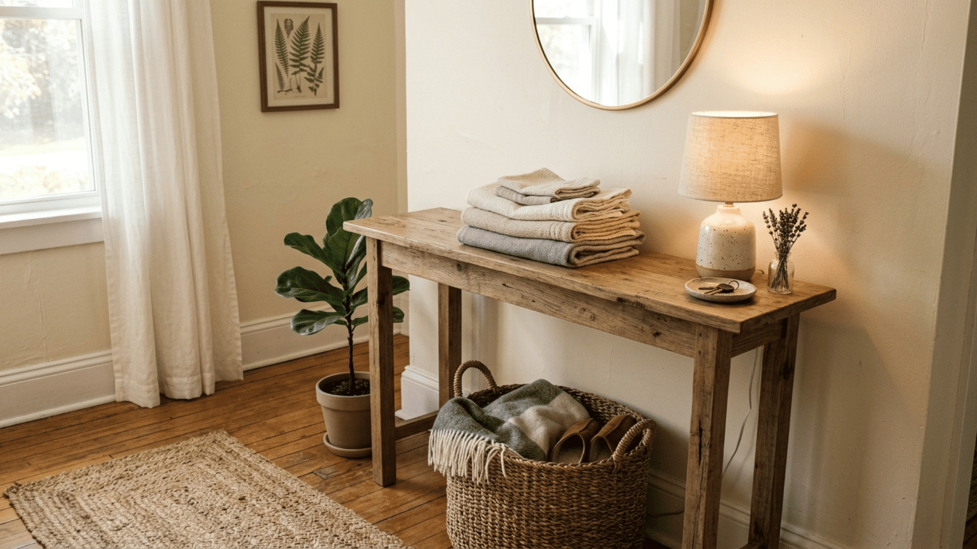 narrow wood console table used instead of a dresser in a small guest bedroom with a woven basket